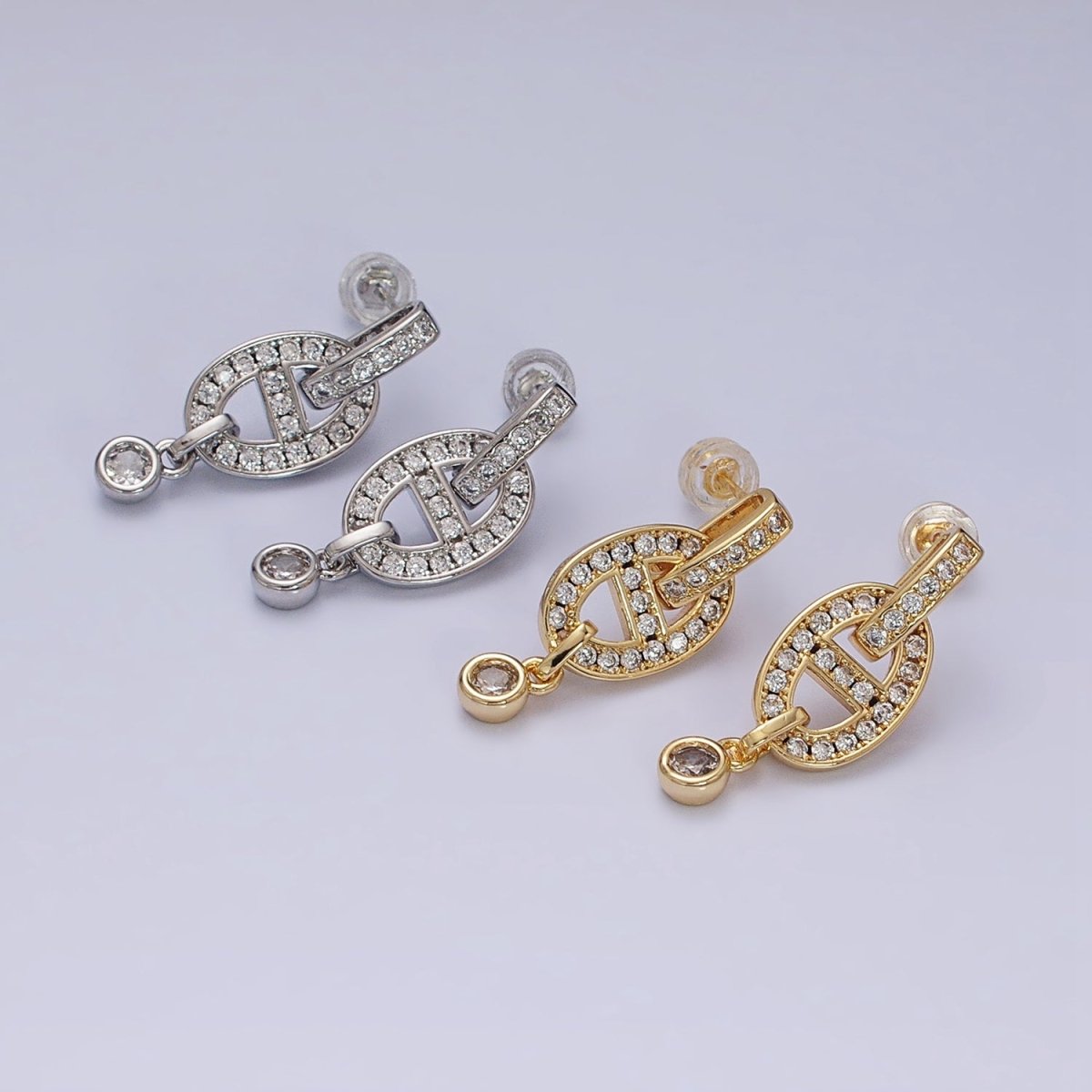 16K Gold Filled Mariner Anchor Link Micro Paved Clear CZ Drop Bar Stud Earrings in Gold & Silver | AD829 AD830