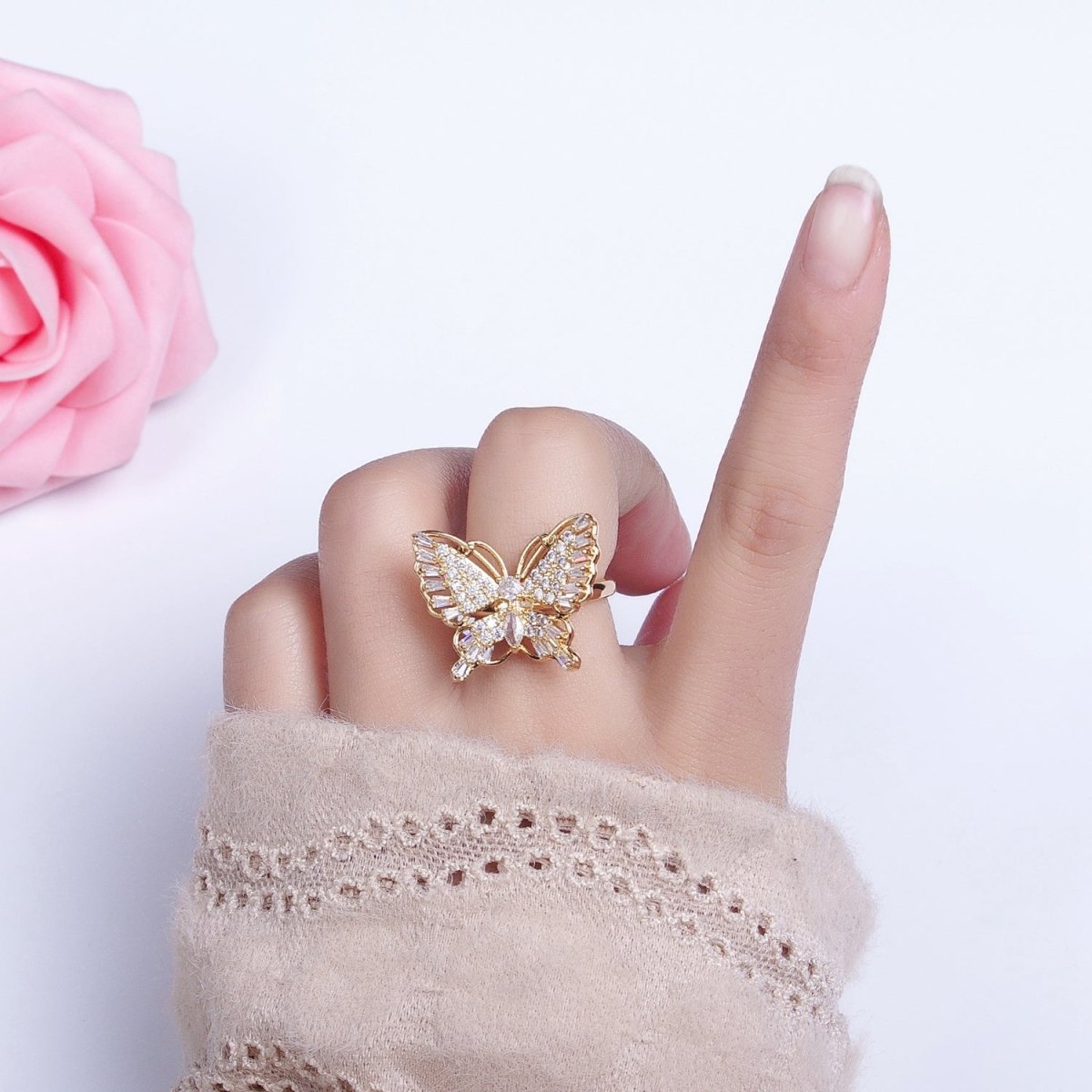 16K Gold Filled Marquise Butterfly Mariposa Micro Paved Baguette Wings Ring in Gold & Silver | O-1940