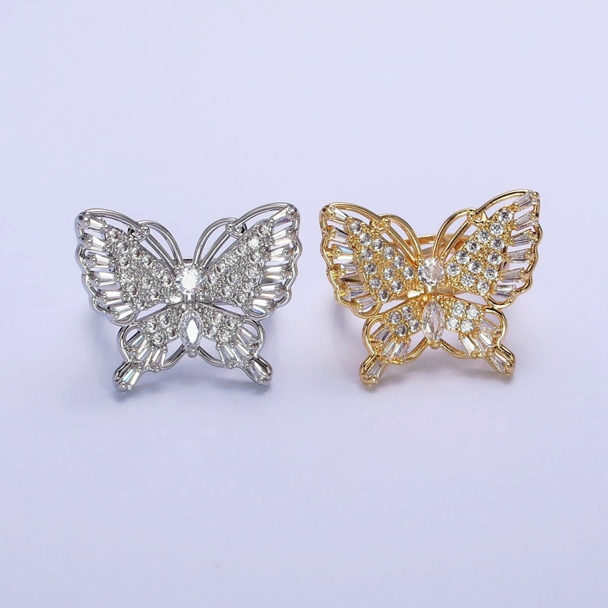 16K Gold Filled Marquise Butterfly Mariposa Micro Paved Baguette Wings Ring in Gold & Silver | O-1940