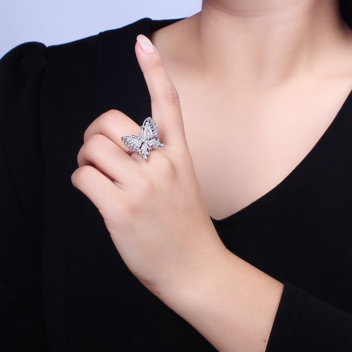 16K Gold Filled Marquise Butterfly Mariposa Micro Paved Baguette Wings Ring in Gold & Silver | O-1940
