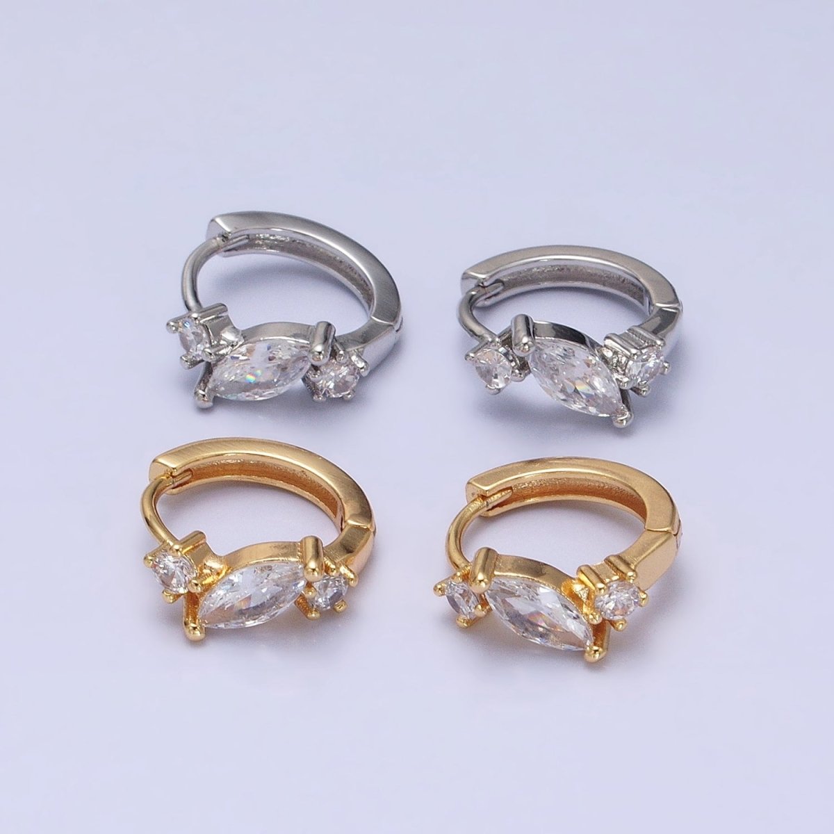 16K Gold Filled Marquise Triple Clear CZ 13mm Cartilage Huggie Earrings in Gold & Silver | AD931 AD932