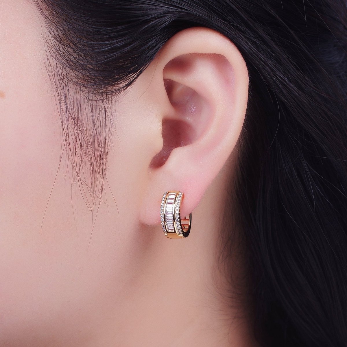 16K Gold Filled Micro Paved Baguette Lined Cubic Zirconia Huggie Hoops Earrings | AD-496