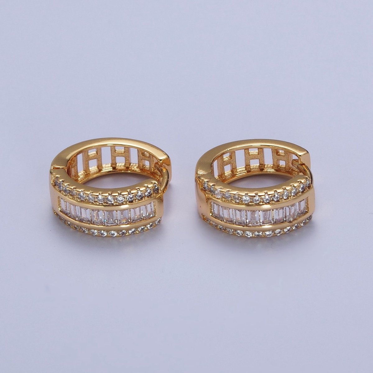 16K Gold Filled Micro Paved Baguette Lined Cubic Zirconia Huggie Hoops Earrings | AD-496