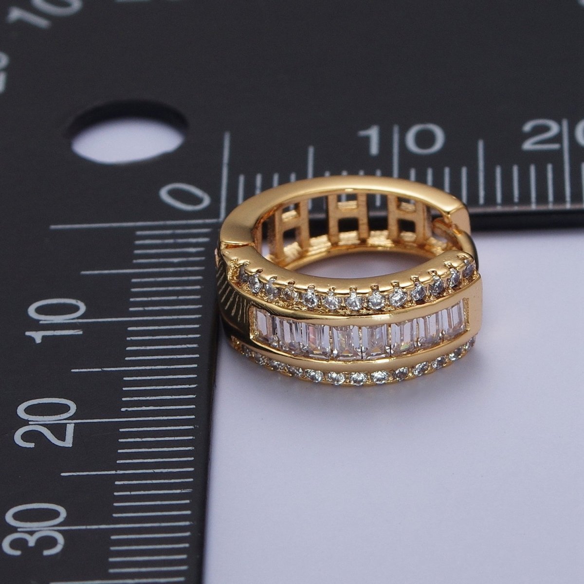16K Gold Filled Micro Paved Baguette Lined Cubic Zirconia Huggie Hoops Earrings | AD-496