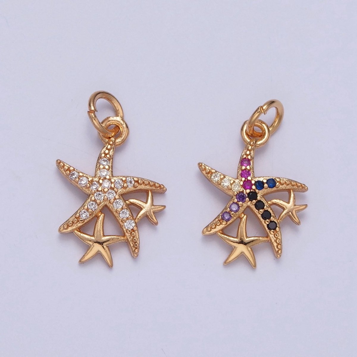 16K Gold Filled Micro Paved Clear/Multicolor CZ Ocean Starfish Charm For Beach Jewelry | X-222 X-223