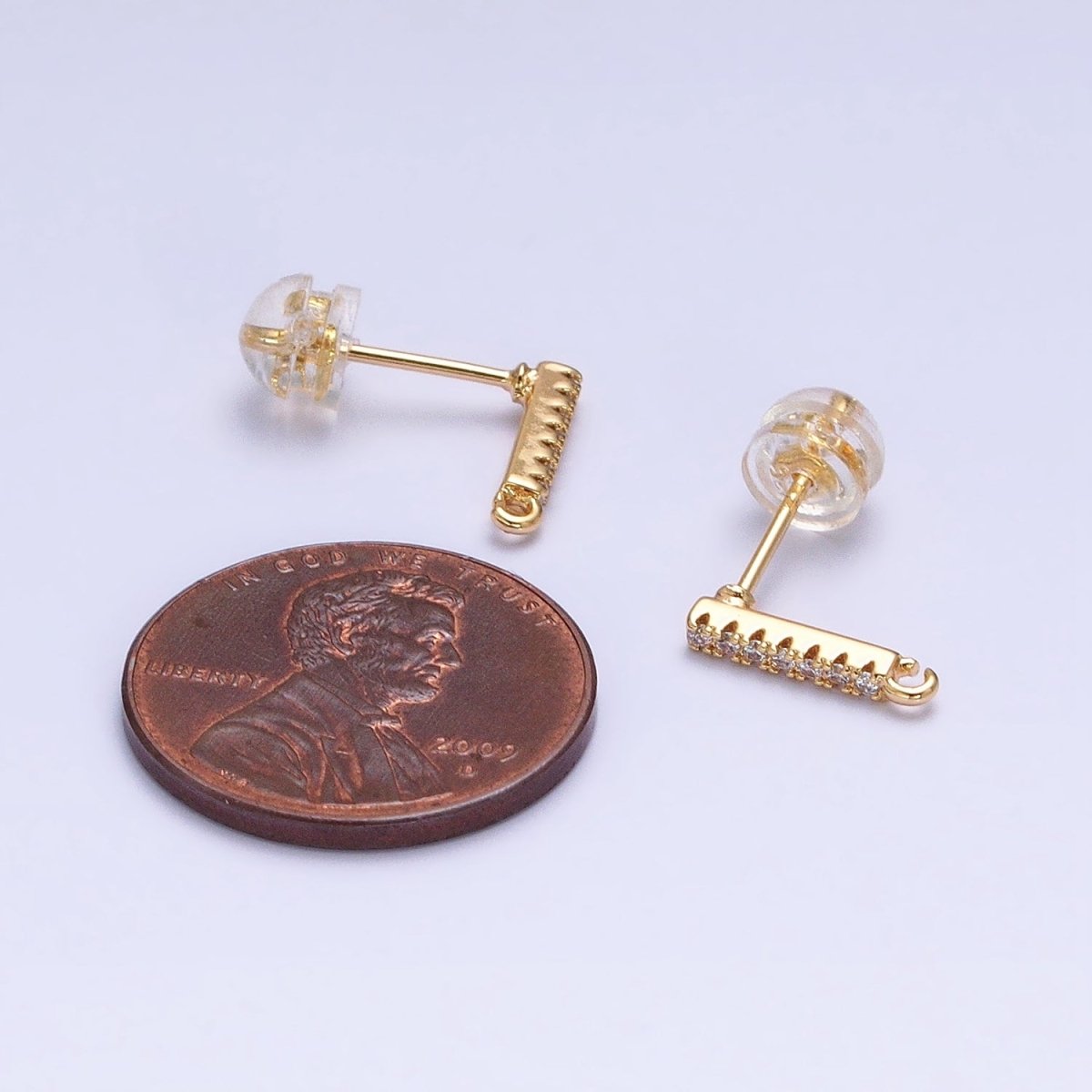 16K Gold Filled Micro Paved CZ 11mm Bar Open Loop Stud Earrings Supply in Gold & Silver | Z-371 Z-372