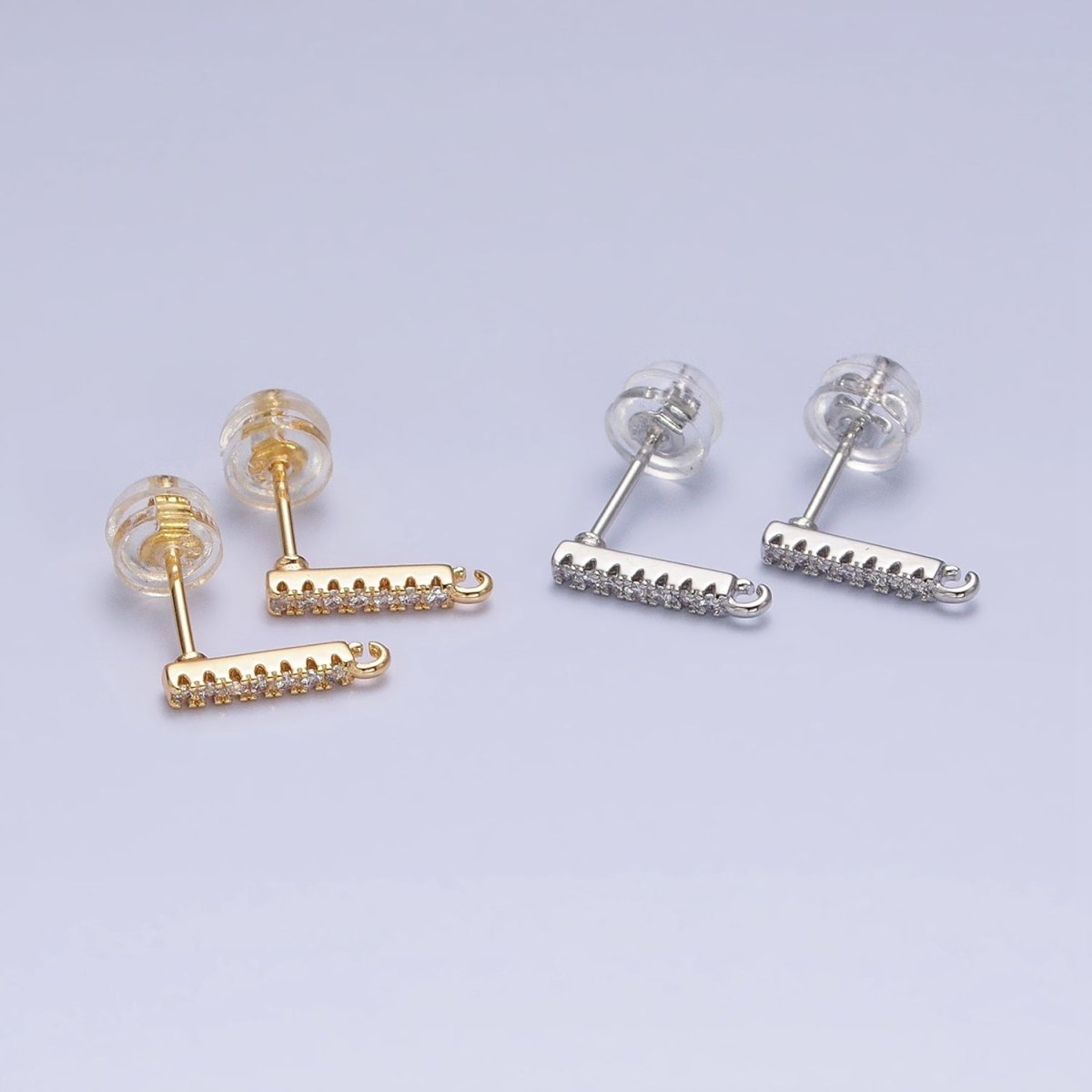16K Gold Filled Micro Paved CZ 11mm Bar Open Loop Stud Earrings Supply in Gold & Silver | Z-371 Z-372