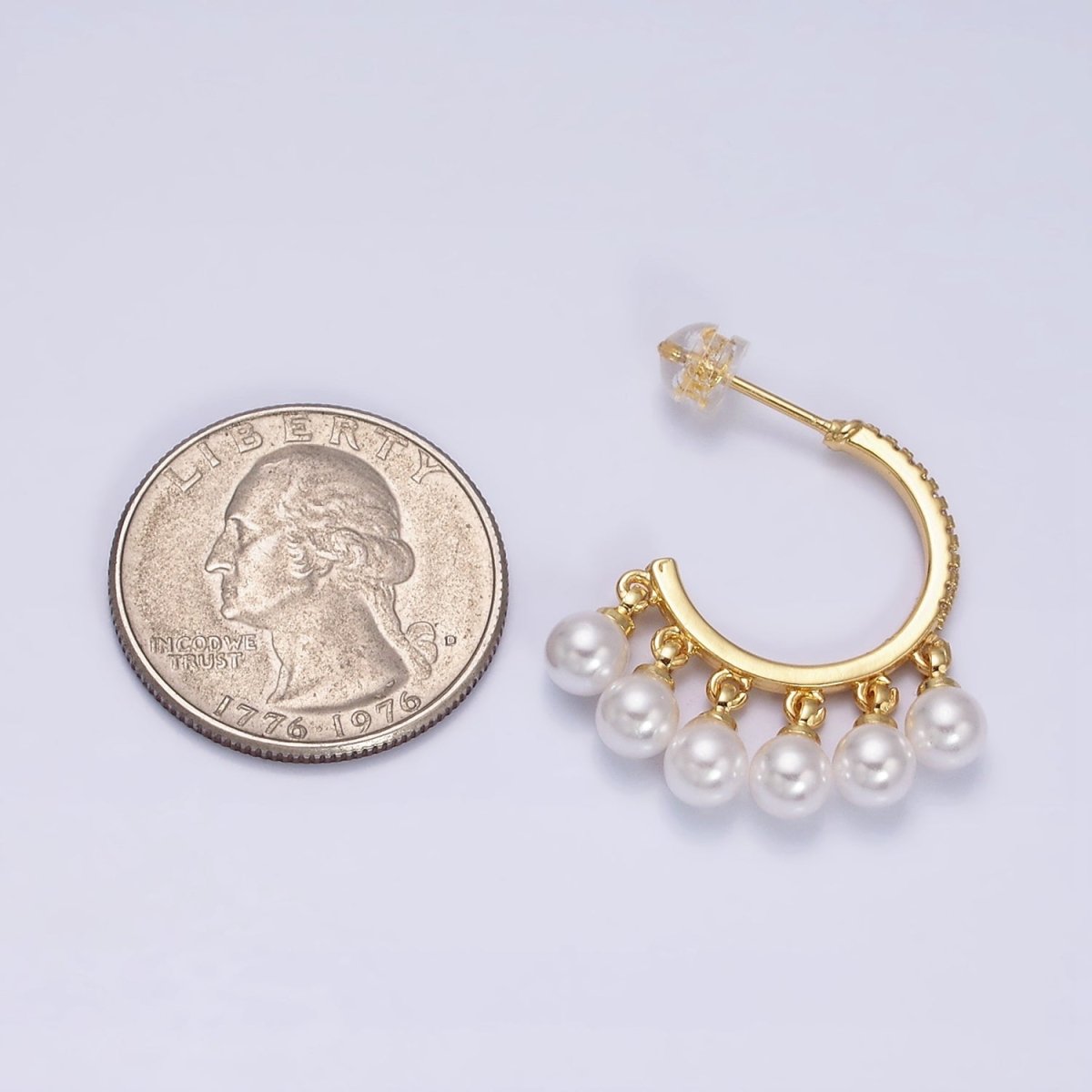 16K Gold Filled Micro Paved CZ C-Shaped Round Pearl Drop Dangle Hoop Earrings in Gold & Silver | AD1167 AD1168