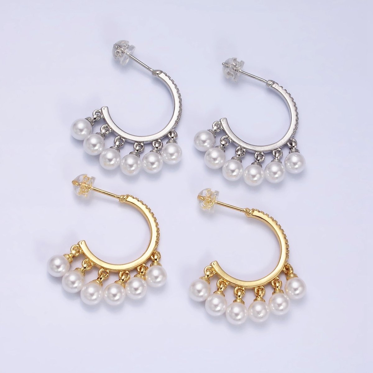 16K Gold Filled Micro Paved CZ C-Shaped Round Pearl Drop Dangle Hoop Earrings in Gold & Silver | AD1167 AD1168