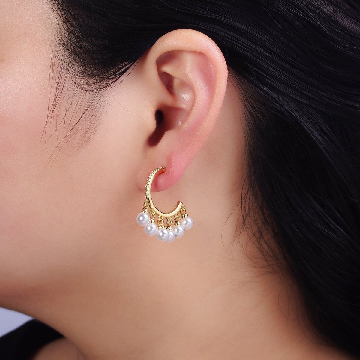 16K Gold Filled Micro Paved CZ C-Shaped Round Pearl Drop Dangle Hoop Earrings in Gold & Silver | AD1167 AD1168
