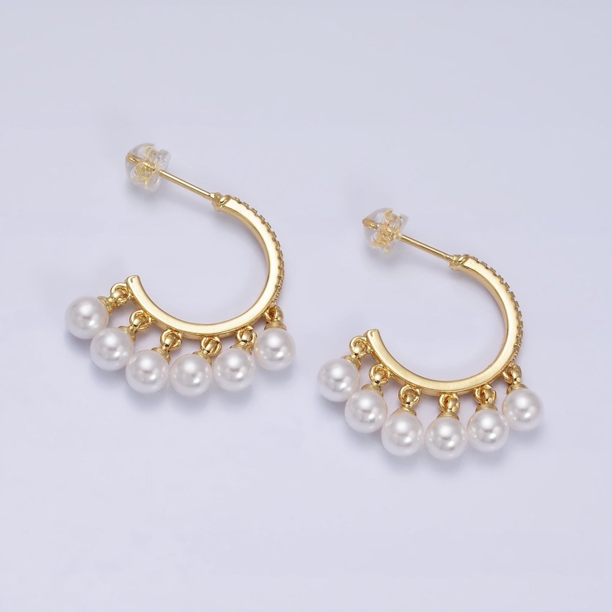16K Gold Filled Micro Paved CZ C-Shaped Round Pearl Drop Dangle Hoop Earrings in Gold & Silver | AD1167 AD1168