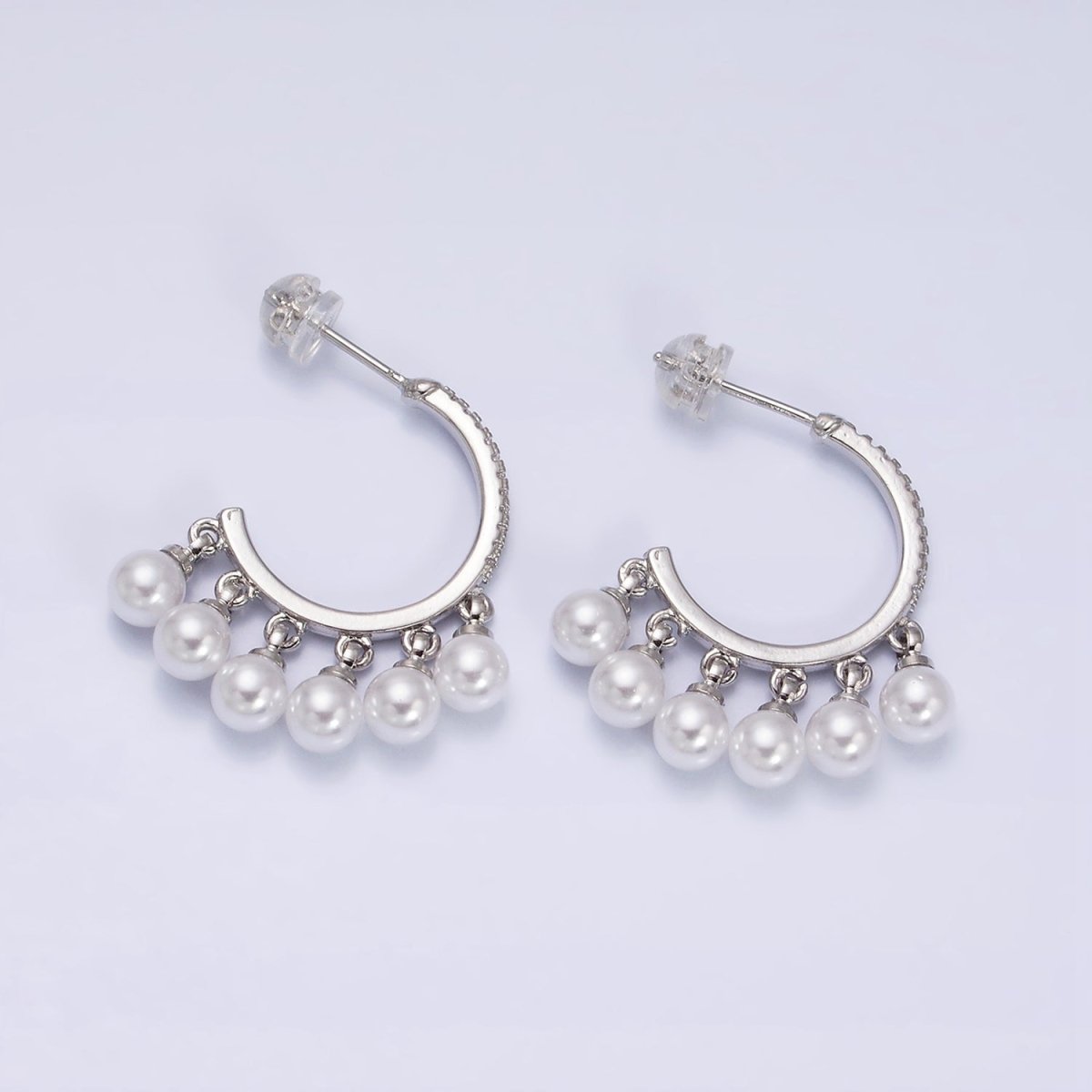 16K Gold Filled Micro Paved CZ C-Shaped Round Pearl Drop Dangle Hoop Earrings in Gold & Silver | AD1167 AD1168