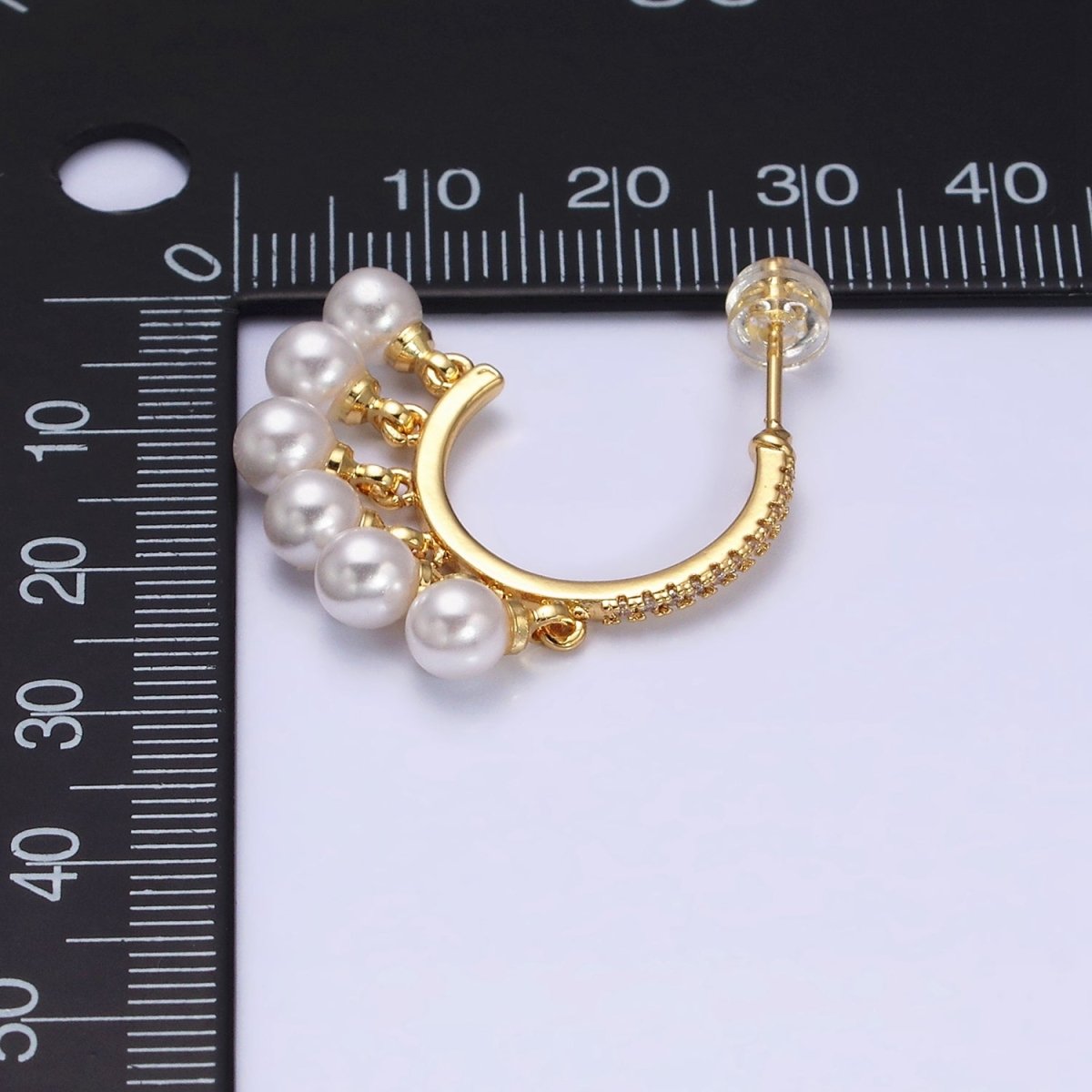 16K Gold Filled Micro Paved CZ C-Shaped Round Pearl Drop Dangle Hoop Earrings in Gold & Silver | AD1167 AD1168
