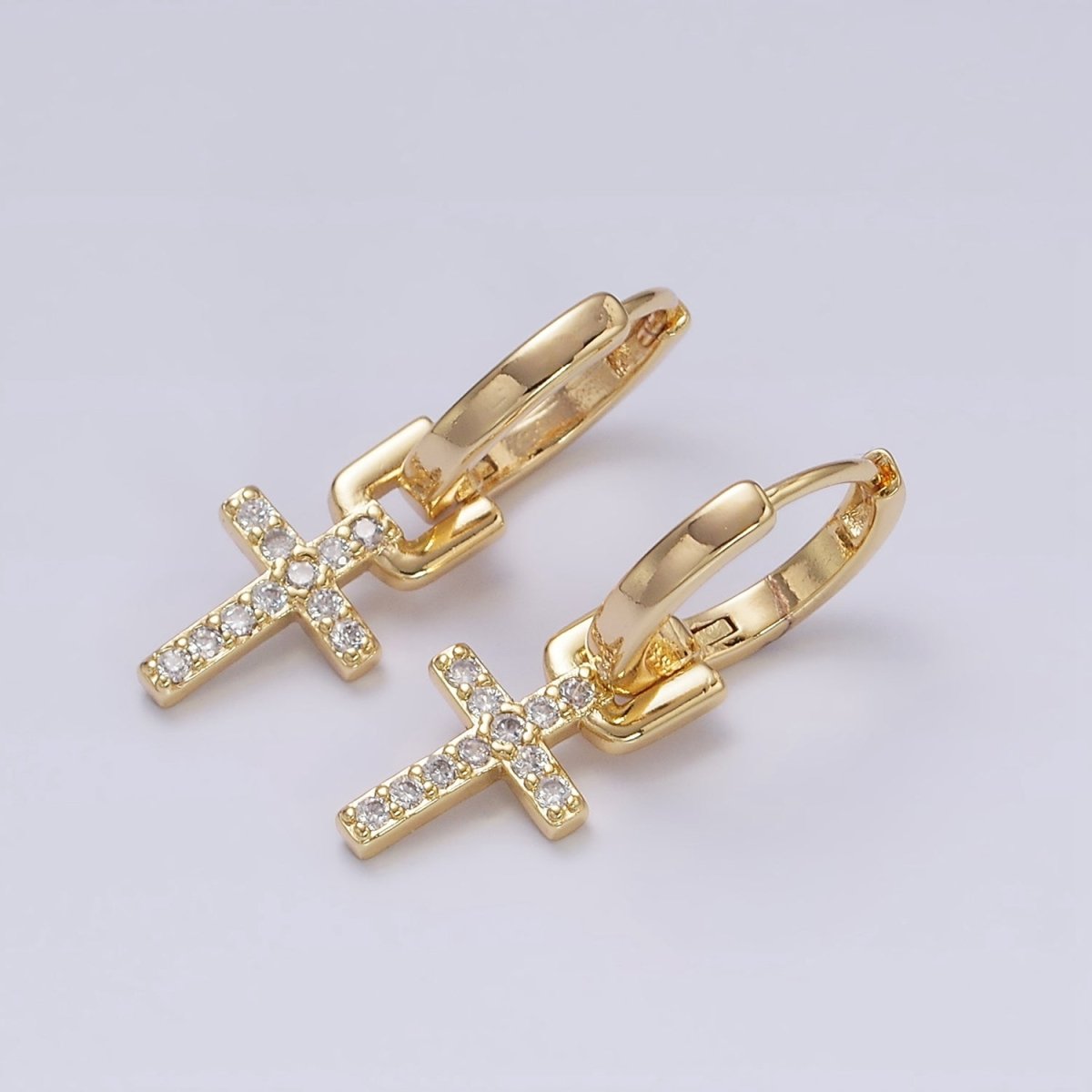 16K Gold Filled Micro Paved CZ Cross Religious Drop Huggie Earrings in Gold | AD1225
