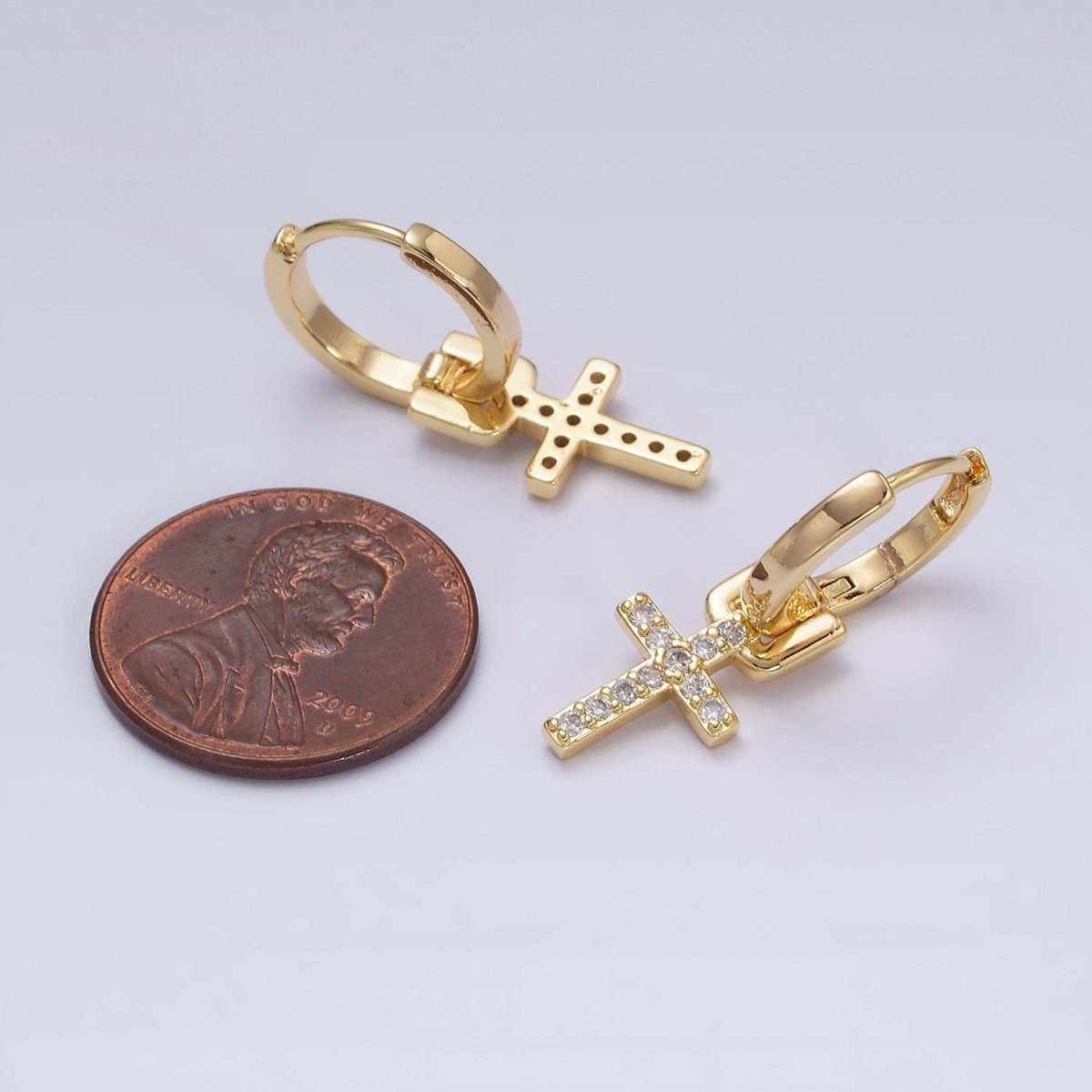 16K Gold Filled Micro Paved CZ Cross Religious Drop Huggie Earrings in Gold | AD1225