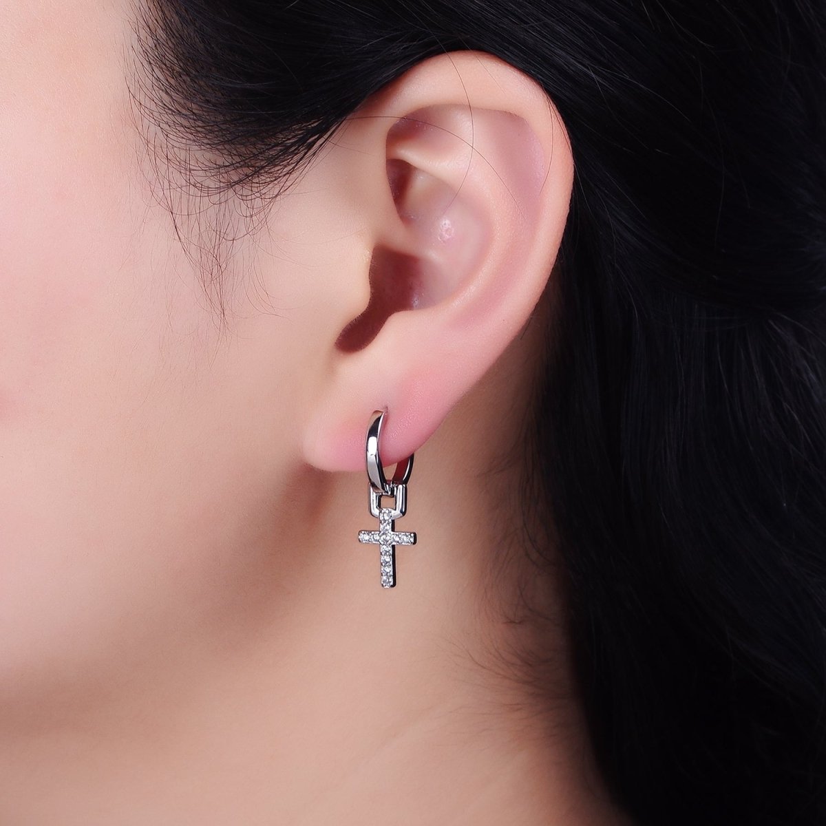 16K Gold Filled Micro Paved CZ Cross Religious Drop Huggie Earrings in Gold | AD1225