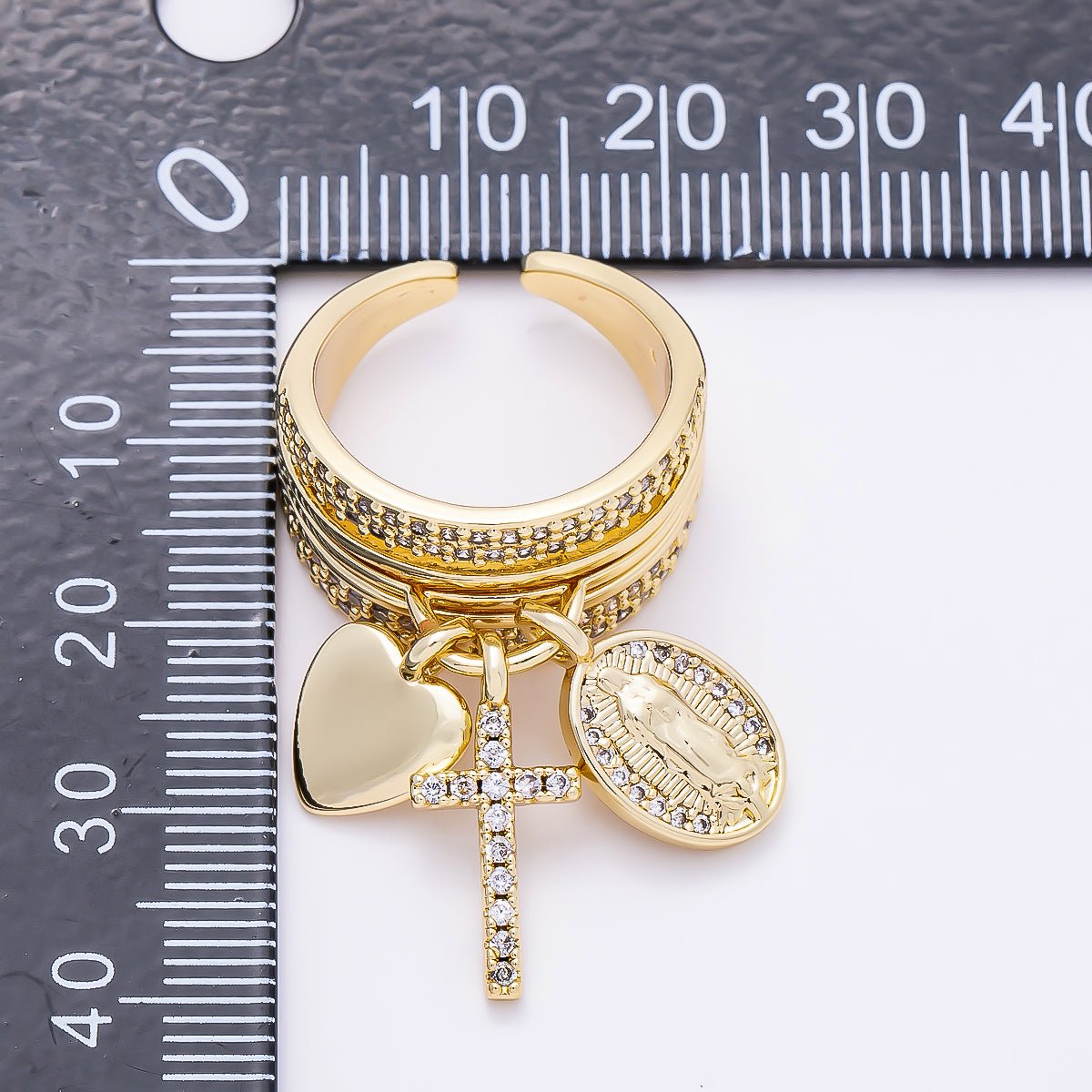 16K Gold Filled Micro Paved CZ Heart Mary Cross Religious Drop Ring in Gold & Silver | Rings-00281 Rings-00282