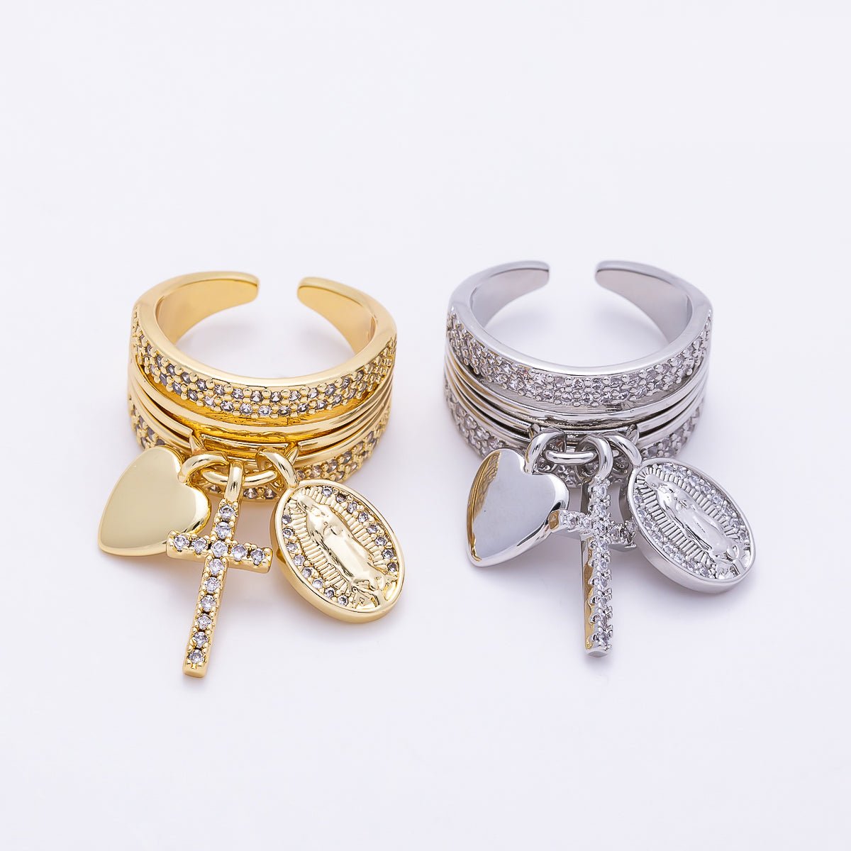 16K Gold Filled Micro Paved CZ Heart Mary Cross Religious Drop Ring in Gold & Silver | Rings-00281 Rings-00282