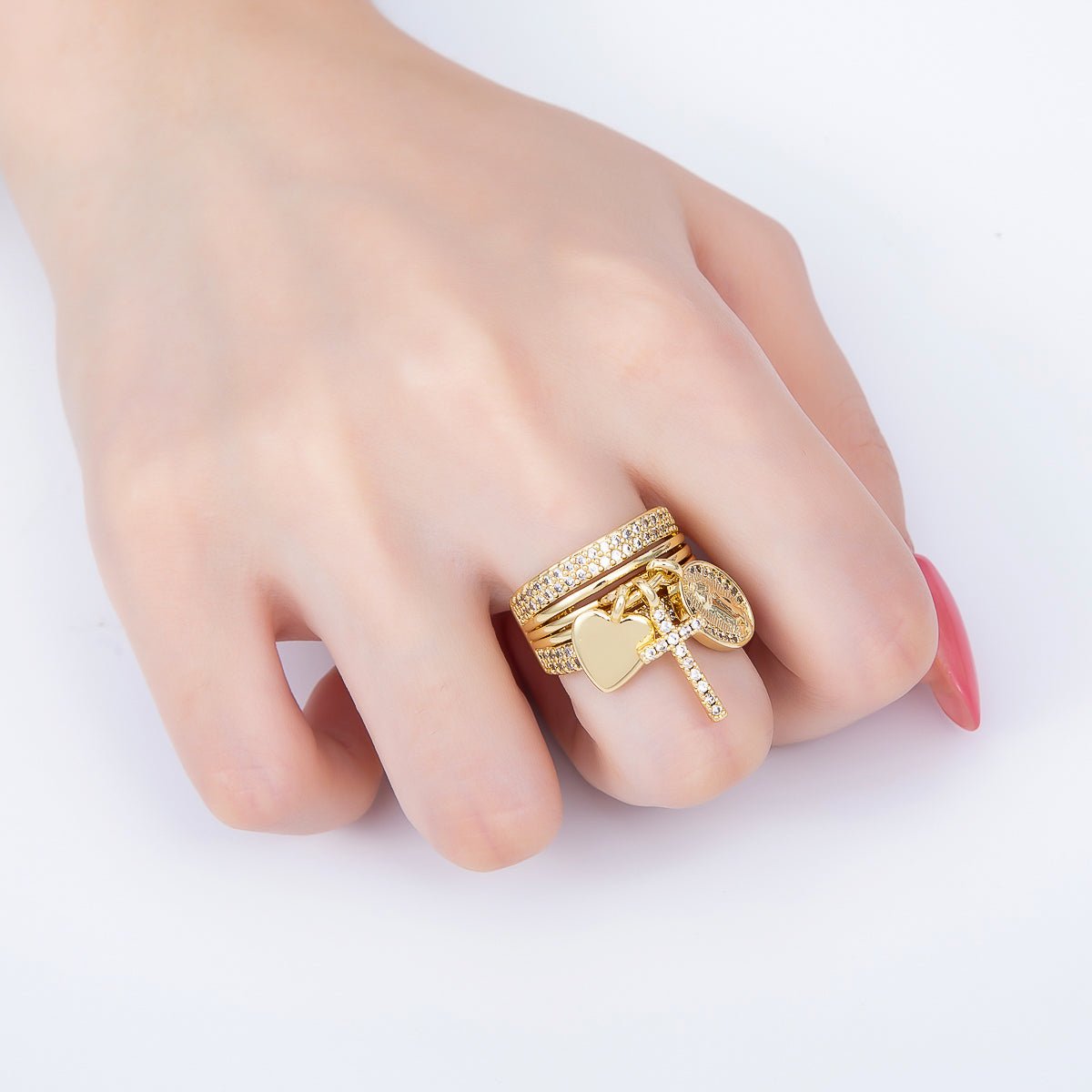 16K Gold Filled Micro Paved CZ Heart Mary Cross Religious Drop Ring in Gold & Silver | Rings-00281 Rings-00282