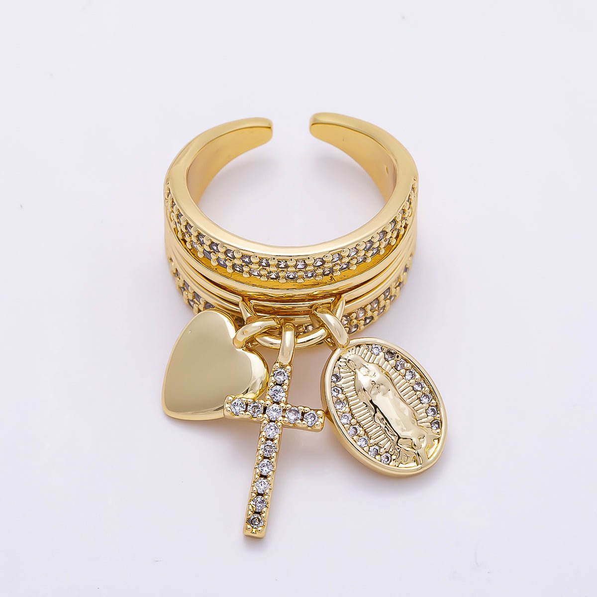 16K Gold Filled Micro Paved CZ Heart Mary Cross Religious Drop Ring in Gold & Silver | Rings-00281 Rings-00282