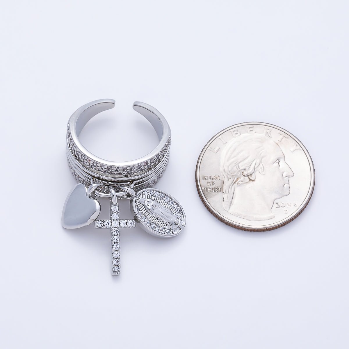 16K Gold Filled Micro Paved CZ Heart Mary Cross Religious Drop Ring in Gold & Silver | Rings-00281 Rings-00282