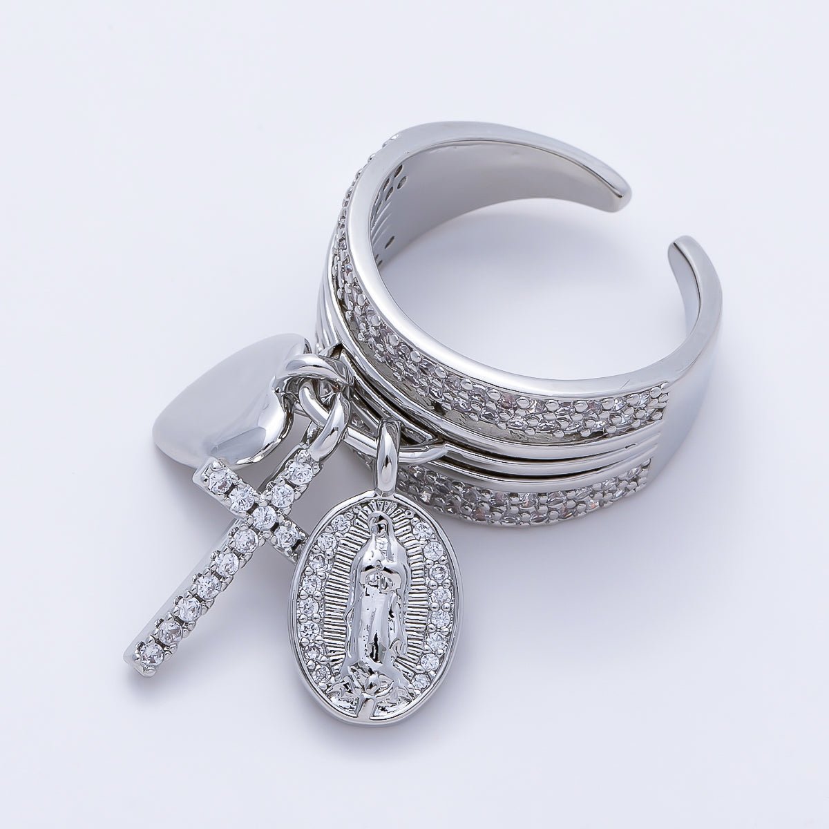 16K Gold Filled Micro Paved CZ Heart Mary Cross Religious Drop Ring in Gold & Silver | Rings-00281 Rings-00282