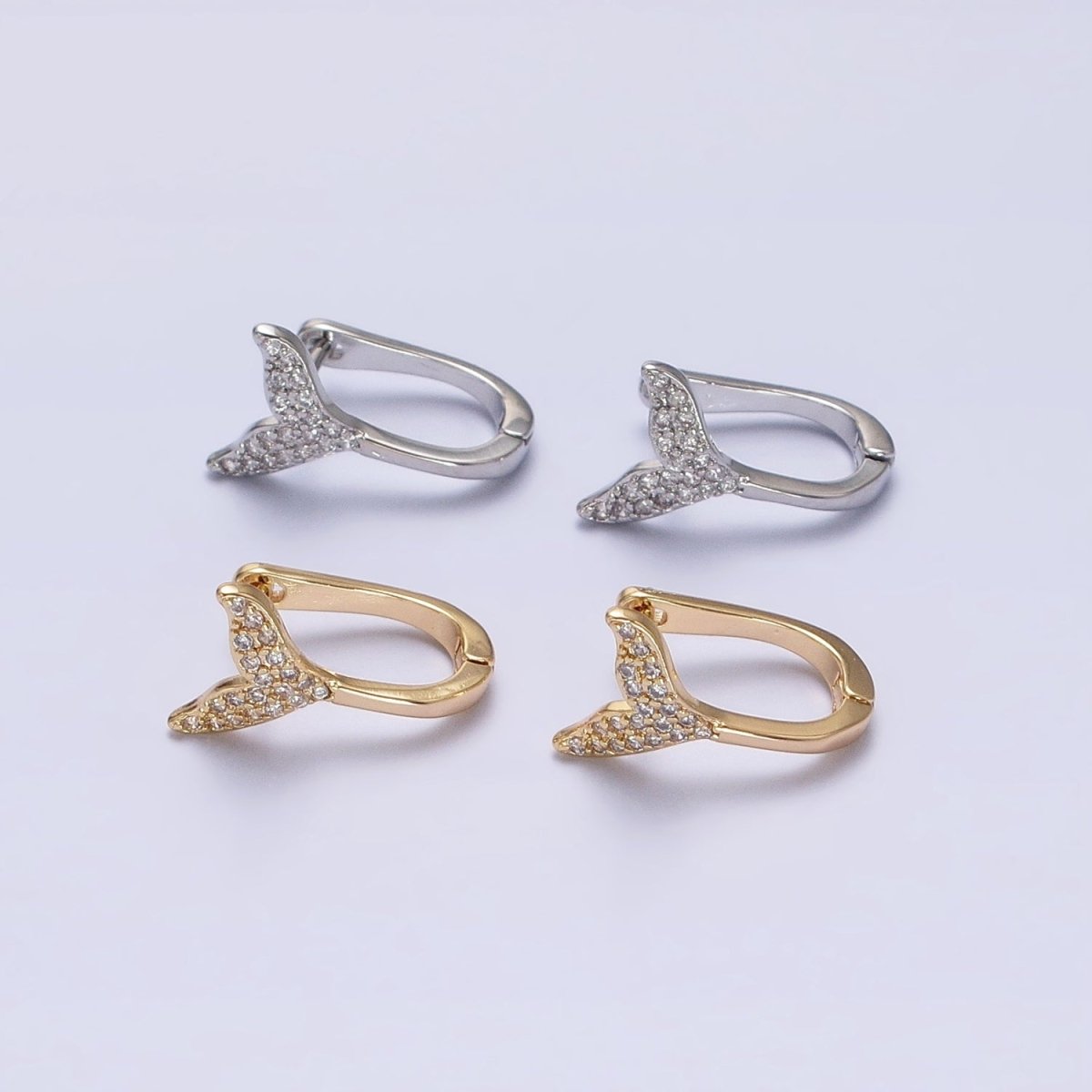 16K Gold Filled Micro Paved Ocean Tail 13mm English Lock Earrings in Gold & Silver | AB1491 AB1492