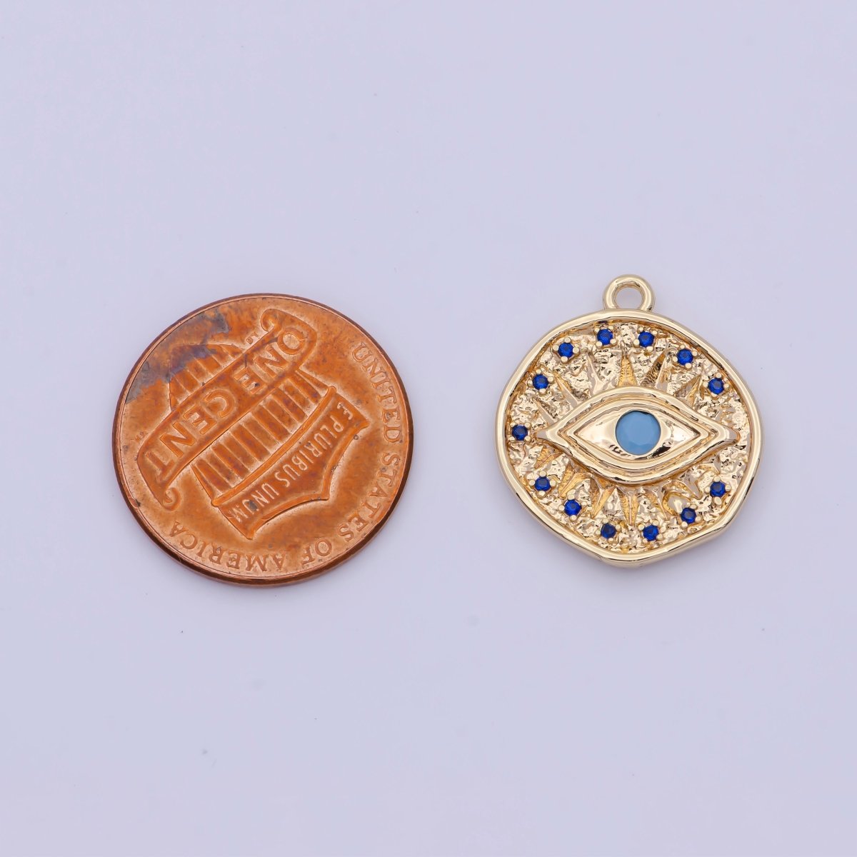 16K Gold Filled Micro Paved Textured Turquoise Evil Eye Coin Charm AG-138