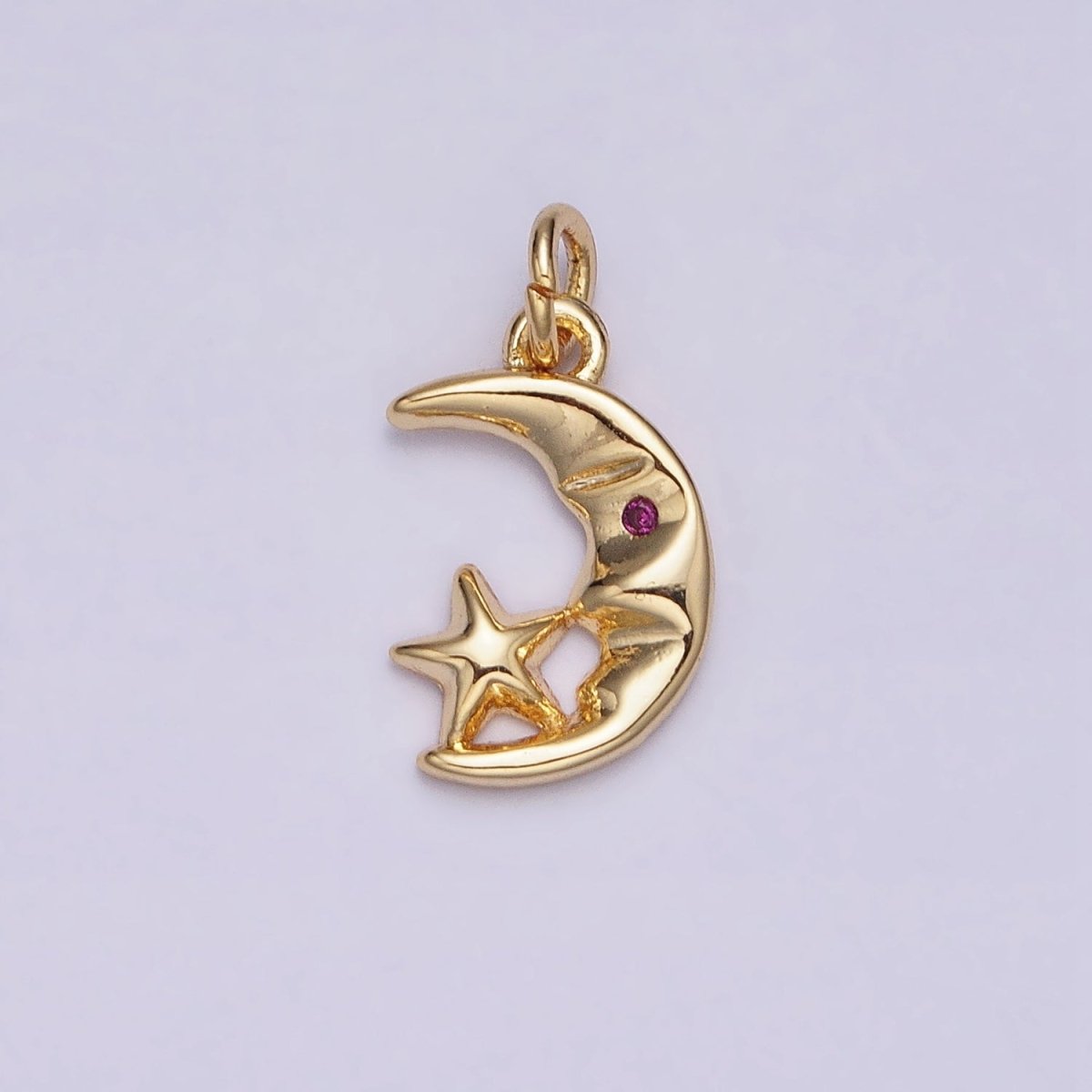16K Gold Filled Mini CZ Fuchsia-Eyed Moon Face Star Celestial Add-On Charm | AC1161