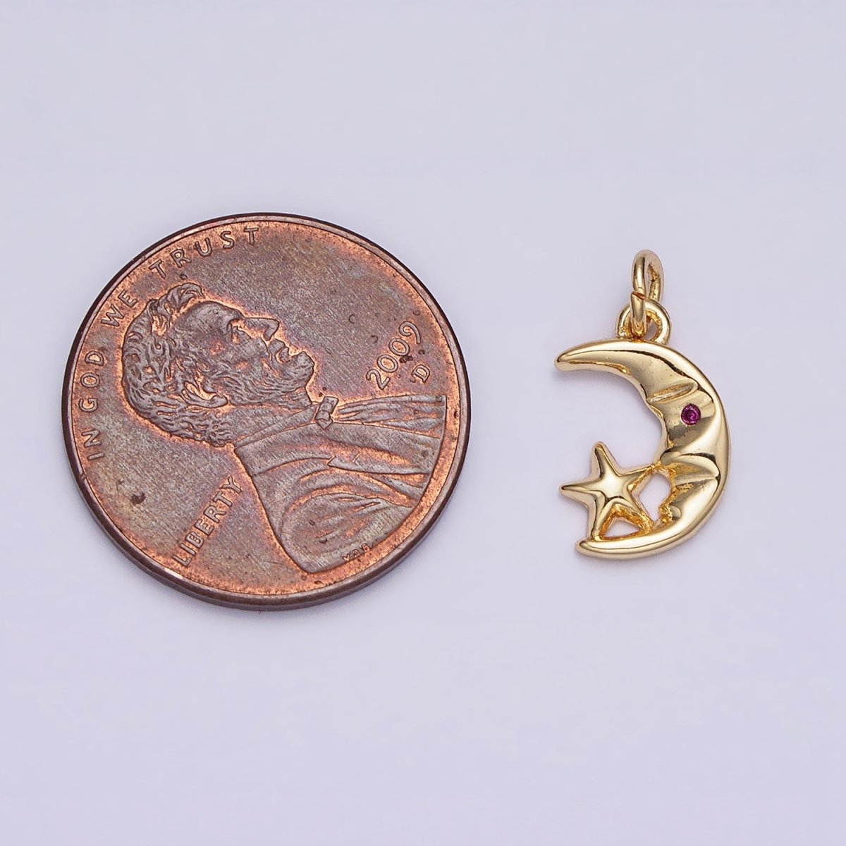 16K Gold Filled Mini CZ Fuchsia-Eyed Moon Face Star Celestial Add-On Charm | AC1161