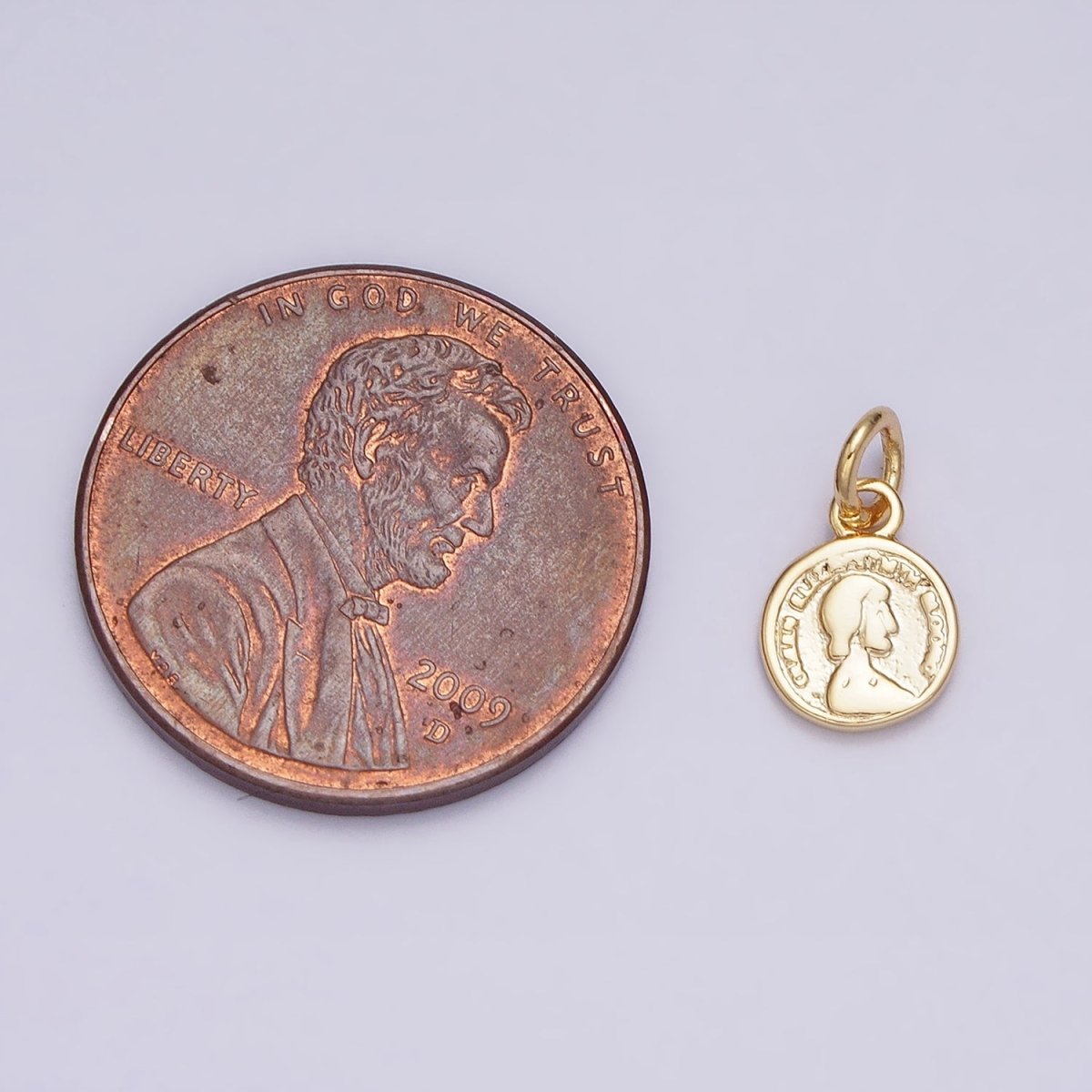 16K Gold Filled Mini Round Quarter Coin Face Portrait Round Add-On Charm | AC1168