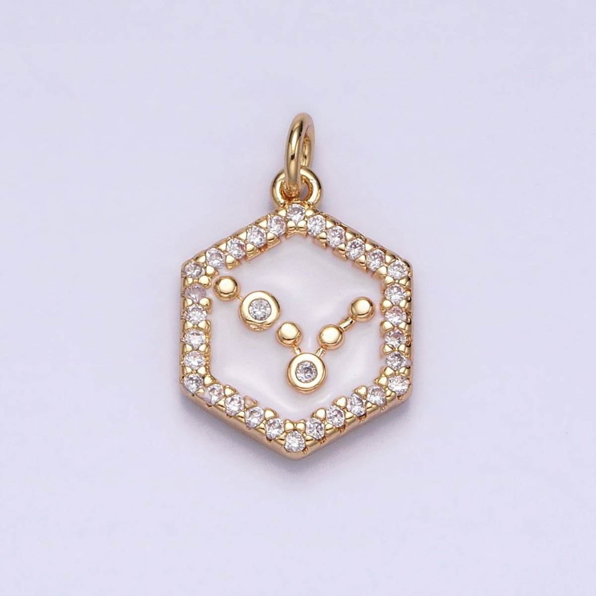 16K Gold Filled Mini Zodiac Sign Birth Star Constellation White Enamel Hexagonal Hammered Add-On Charm | A-A1391-A-A1396
