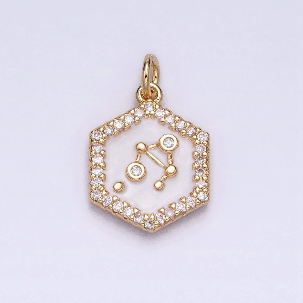 16K Gold Filled Mini Zodiac Sign Birth Star Constellation White Enamel Hexagonal Hammered Add-On Charm | A-A1391-A-A1396