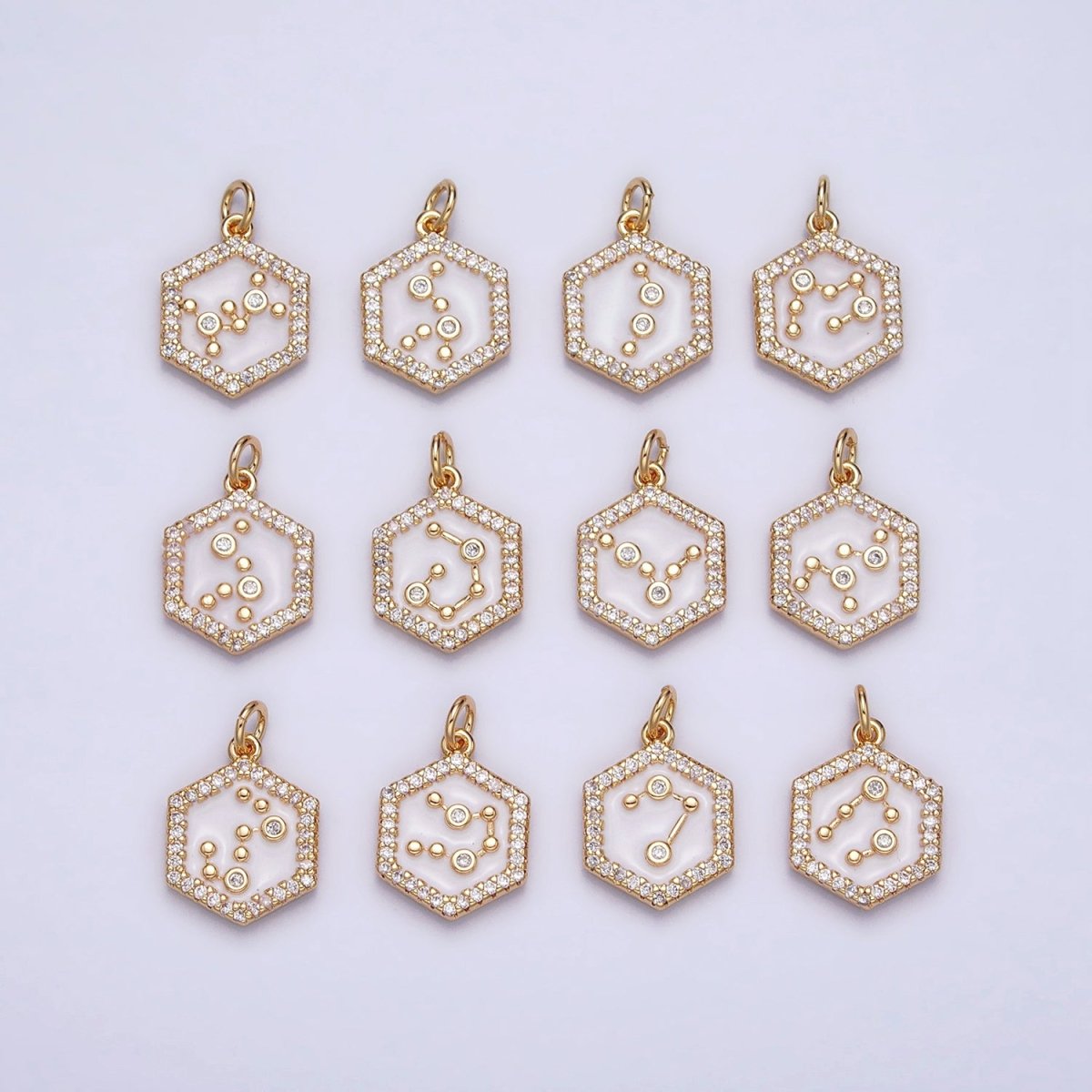 16K Gold Filled Mini Zodiac Sign Birth Star Constellation White Enamel Hexagonal Hammered Add-On Charm | A-A1391-A-A1396