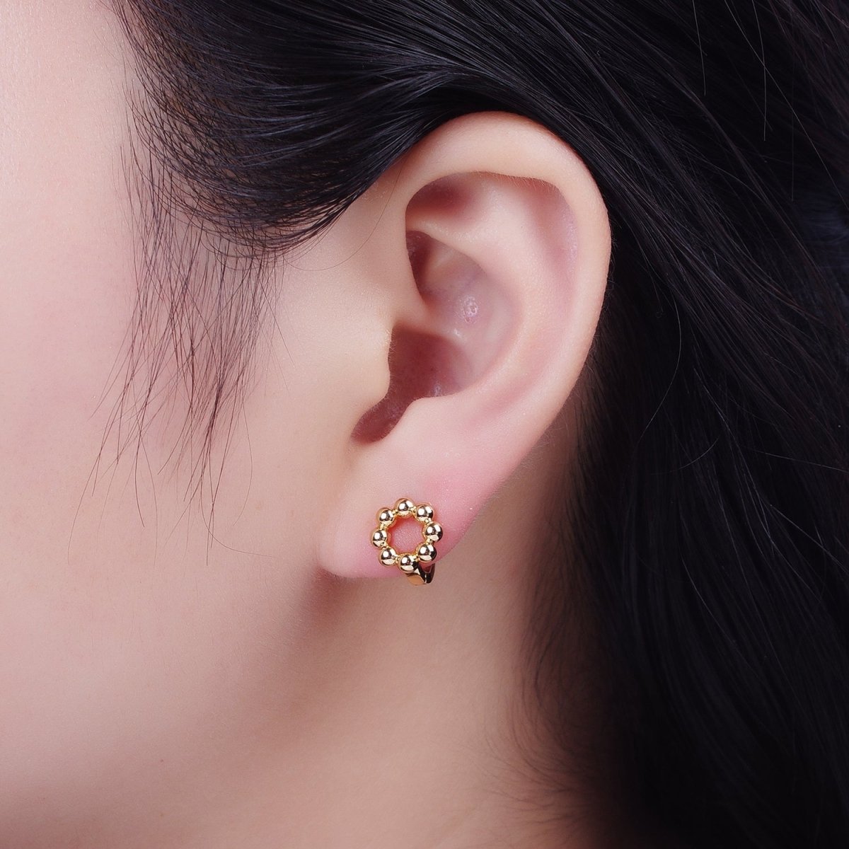 16K Gold Filled Minimalist Round Beaded Bubble Ball Huggie Hoop Earrings | AD-501