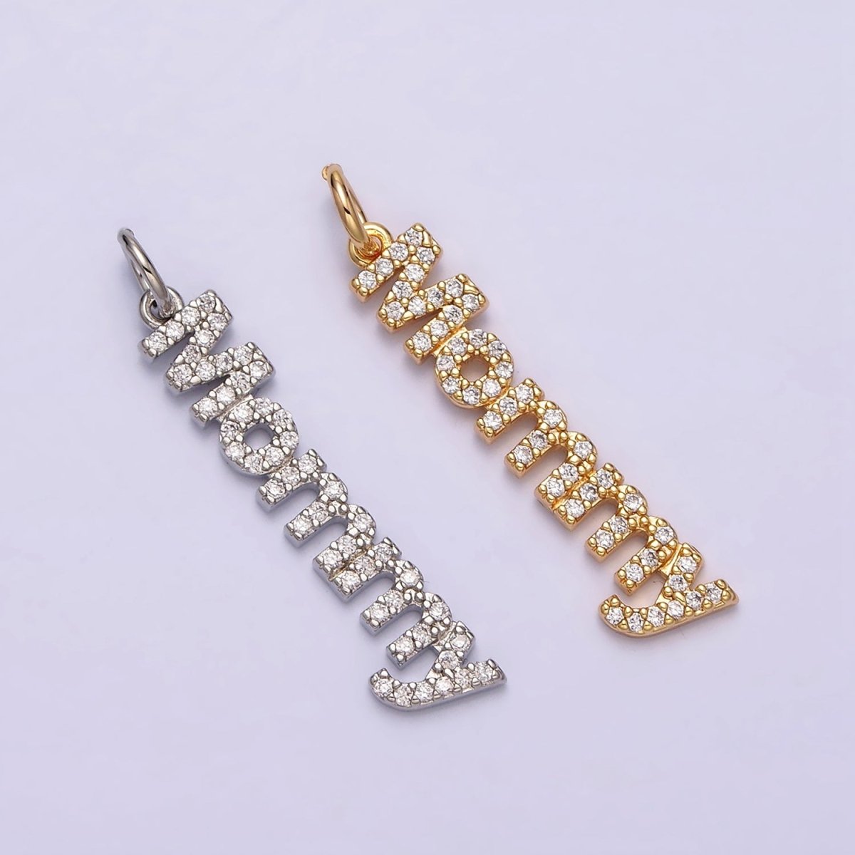 16K Gold Filled "Mommy" Script Micro Paved CZ Add-On Charm in Gold & Silver | AC1369 AC1370