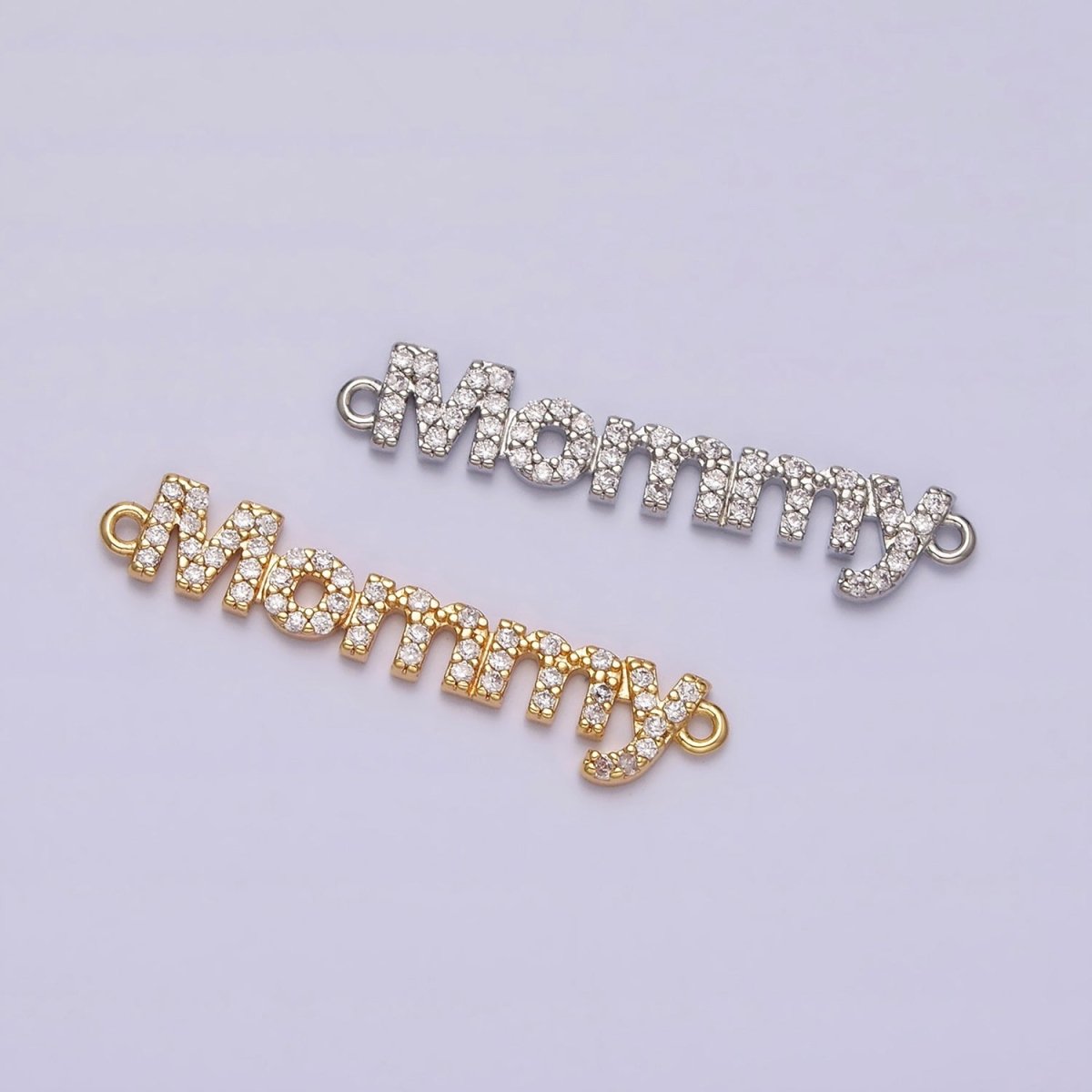 16K Gold Filled Mommy Script Micro Paved CZ Connector in Gold & Silver mama mother day gift | Y-920-Gold