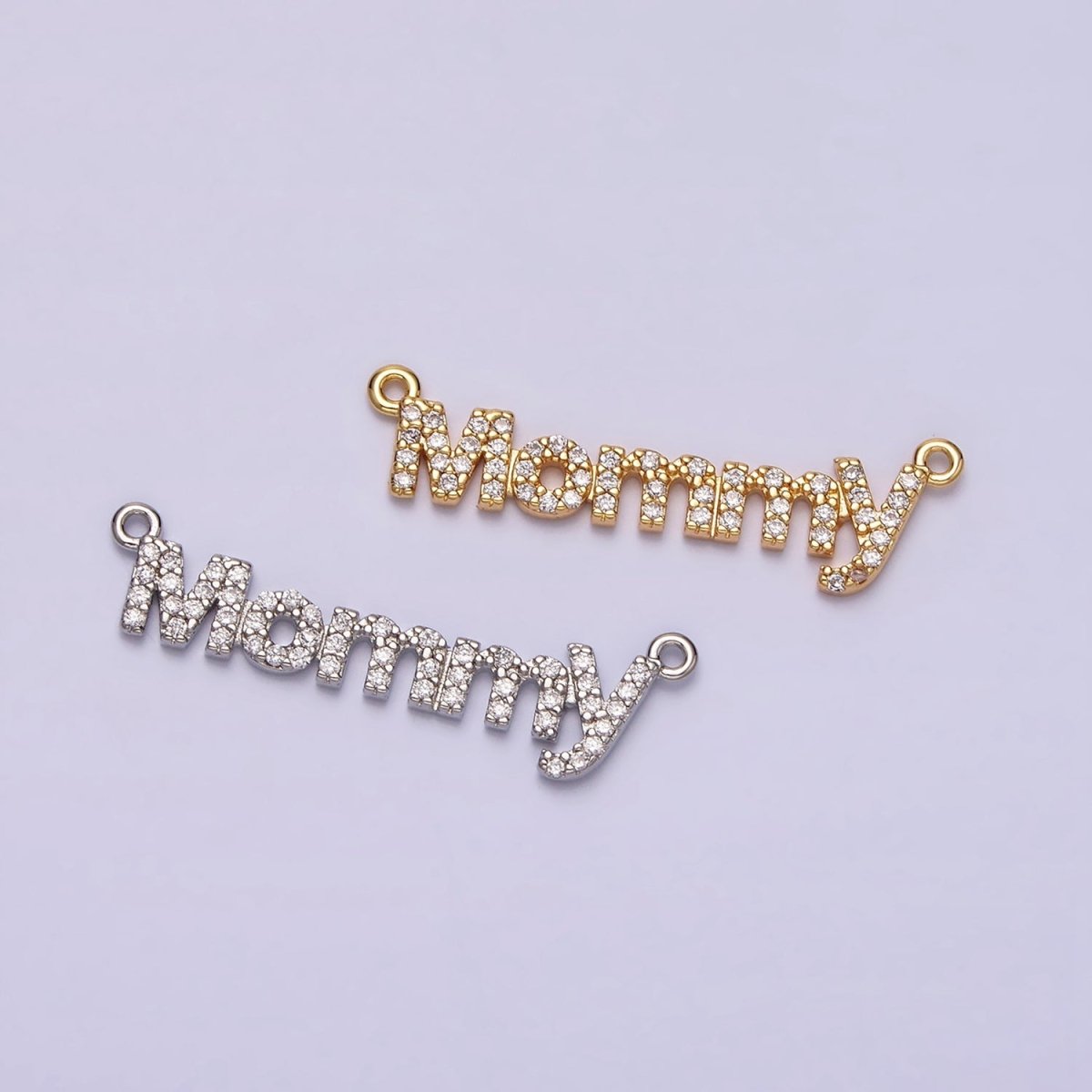 16K Gold Filled Mommy Script Micro Paved CZ Top Loop Connector in Gold & Silver mother day gift idea | Y-919