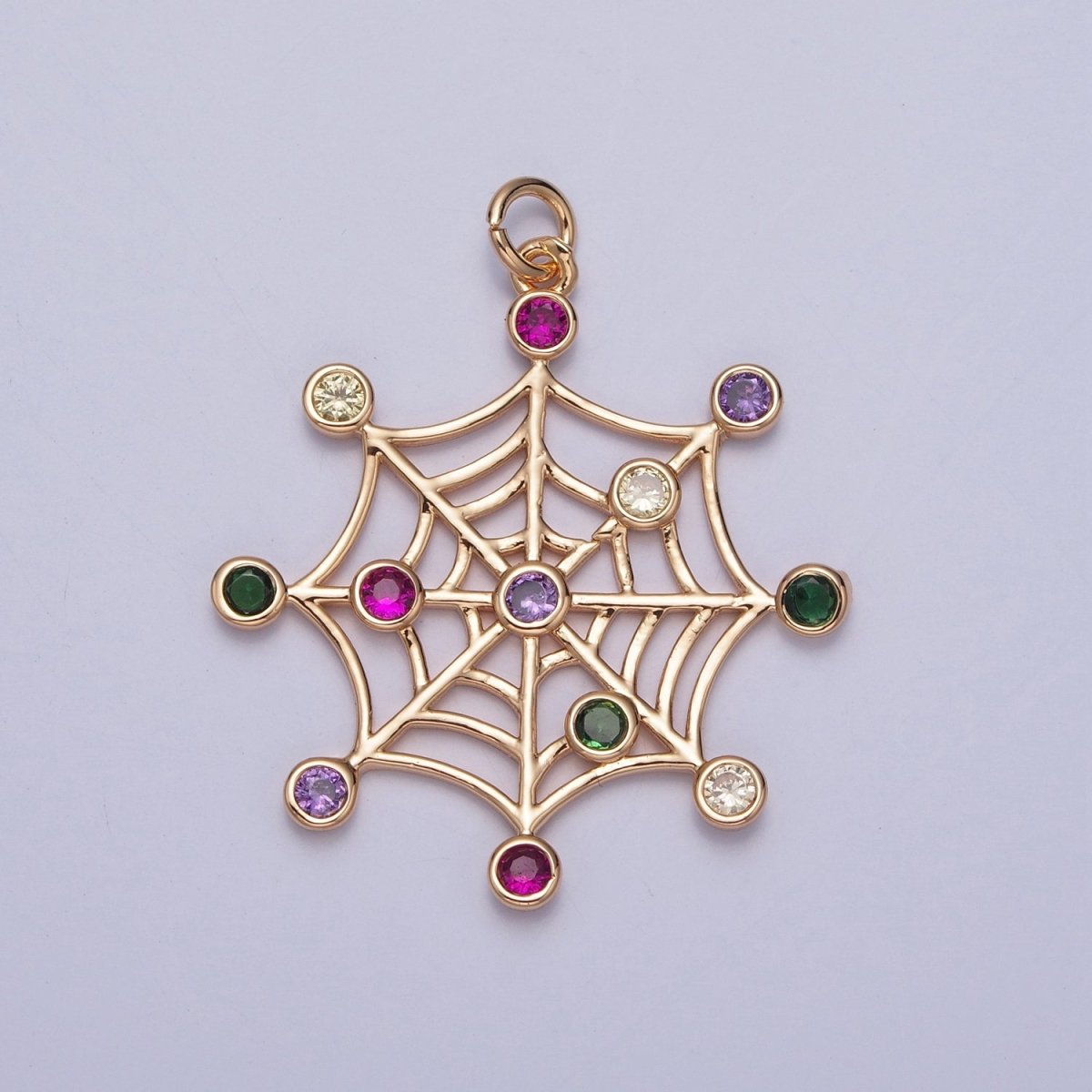 16K Gold Filled Multicolor Round Cubic Zirconia Spider Cob Web Charm | X-215