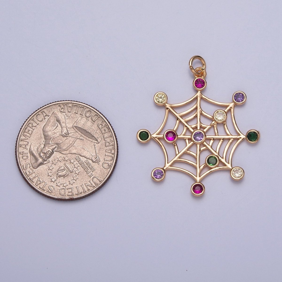 16K Gold Filled Multicolor Round Cubic Zirconia Spider Cob Web Charm | X-215