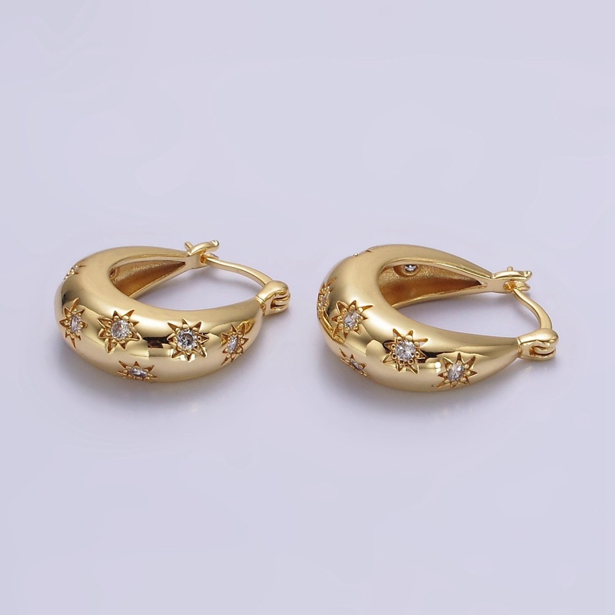 16K Gold Filled Oblong Dome Celestial Stars CZ French Lock Latch Hoop Earrings | AE634