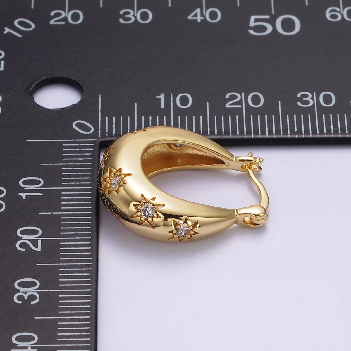 16K Gold Filled Oblong Dome Celestial Stars CZ French Lock Latch Hoop Earrings | AE634