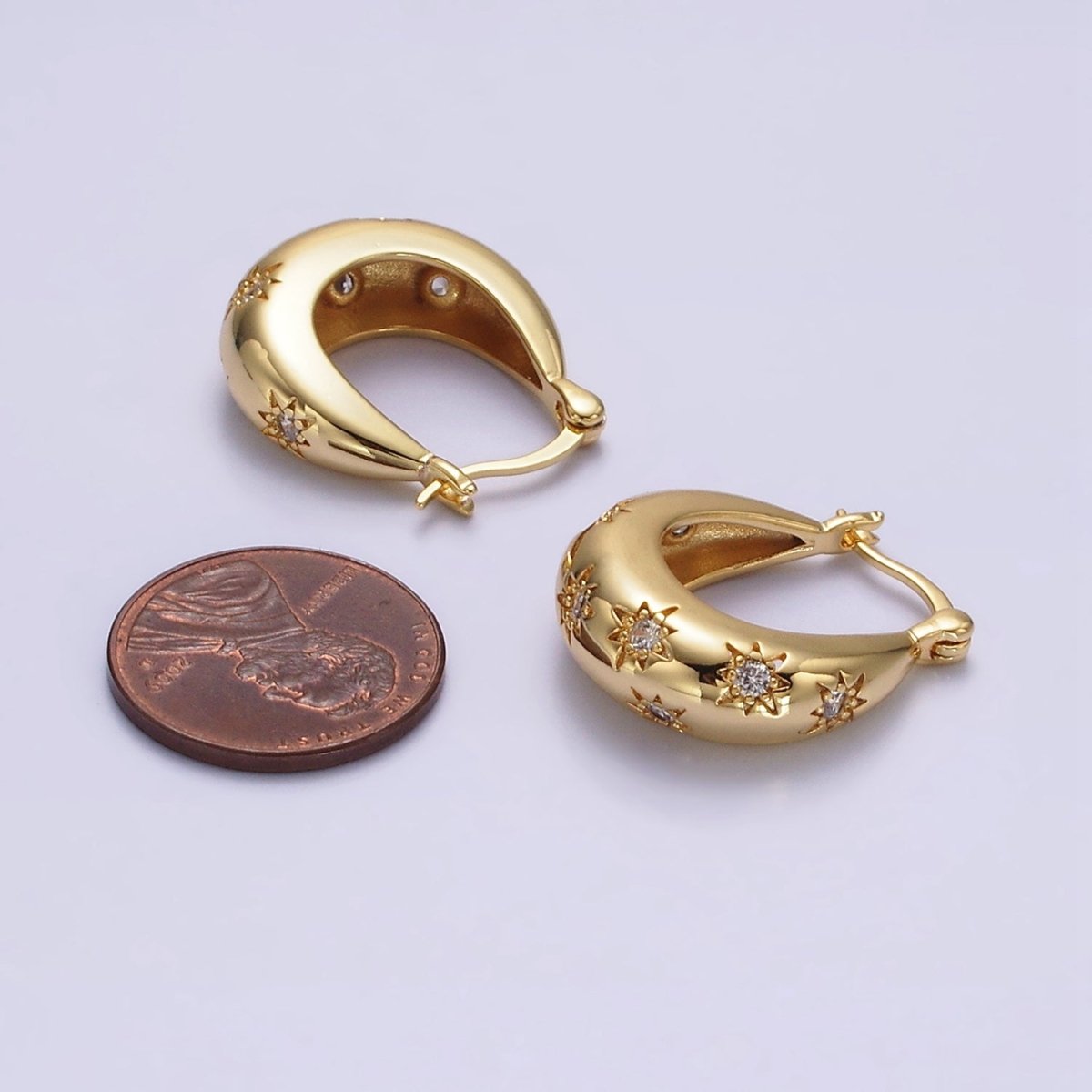 16K Gold Filled Oblong Dome Celestial Stars CZ French Lock Latch Hoop Earrings | AE634