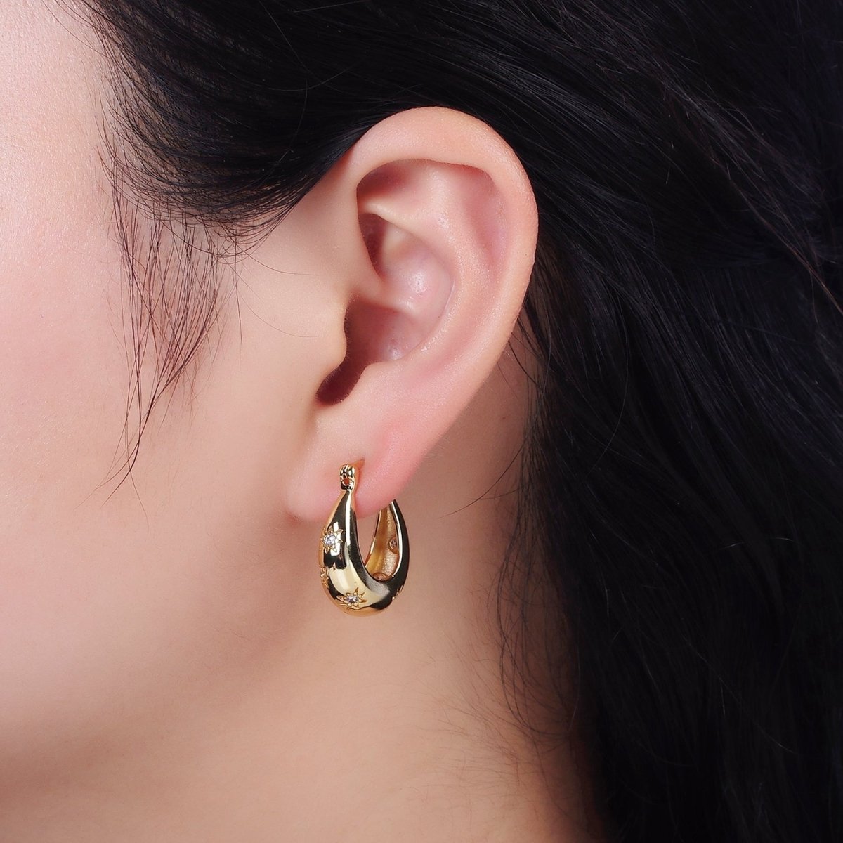 16K Gold Filled Oblong Dome Celestial Stars CZ French Lock Latch Hoop Earrings | AE634