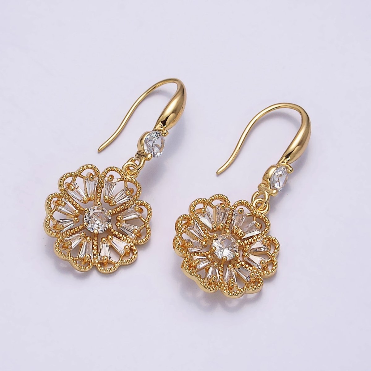 16K Gold Filled Open Flower Triangle Baguette Beaded CZ Drop French Hook Earrings in Gold & Silver | AD1548 AD1549