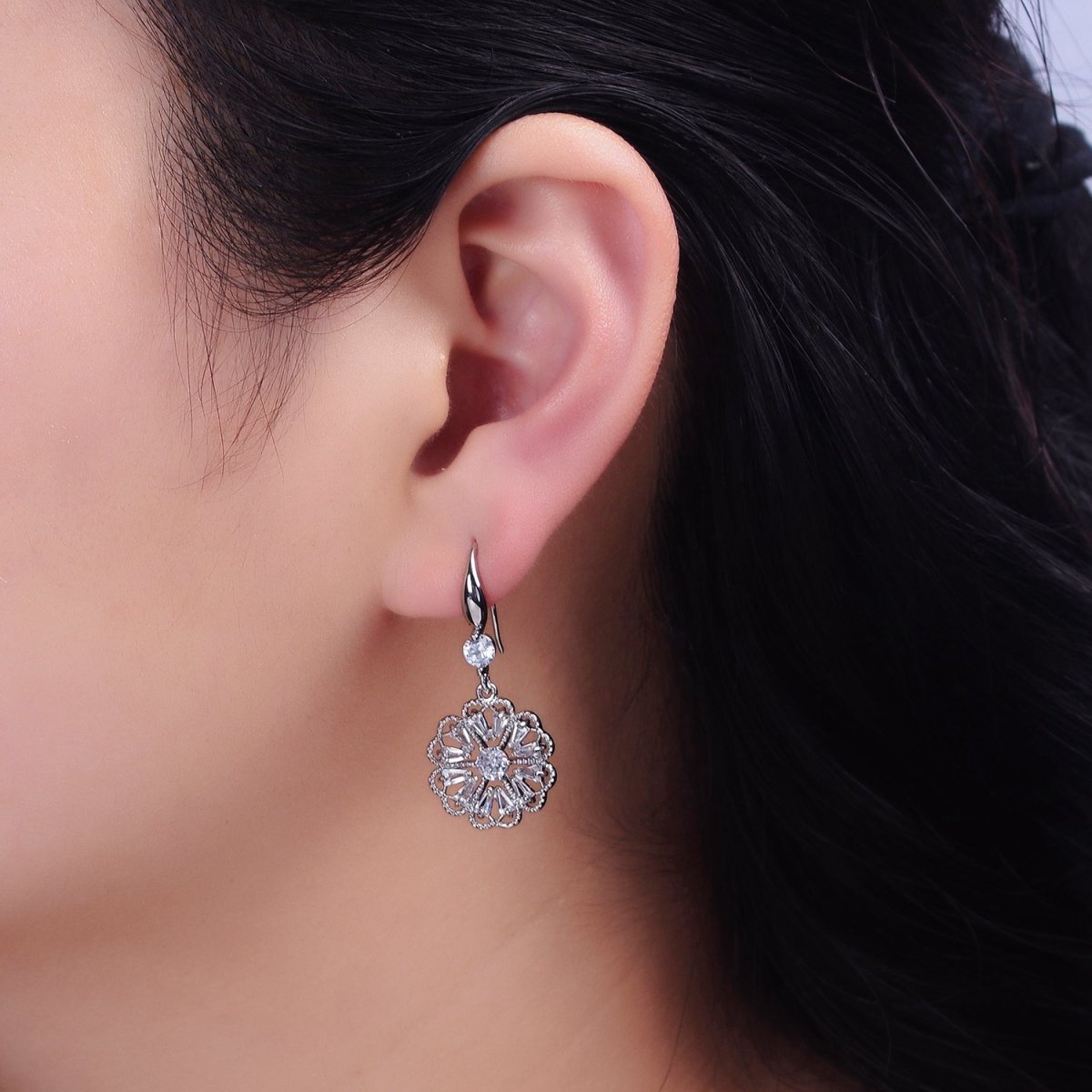 16K Gold Filled Open Flower Triangle Baguette Beaded CZ Drop French Hook Earrings in Gold & Silver | AD1548 AD1549