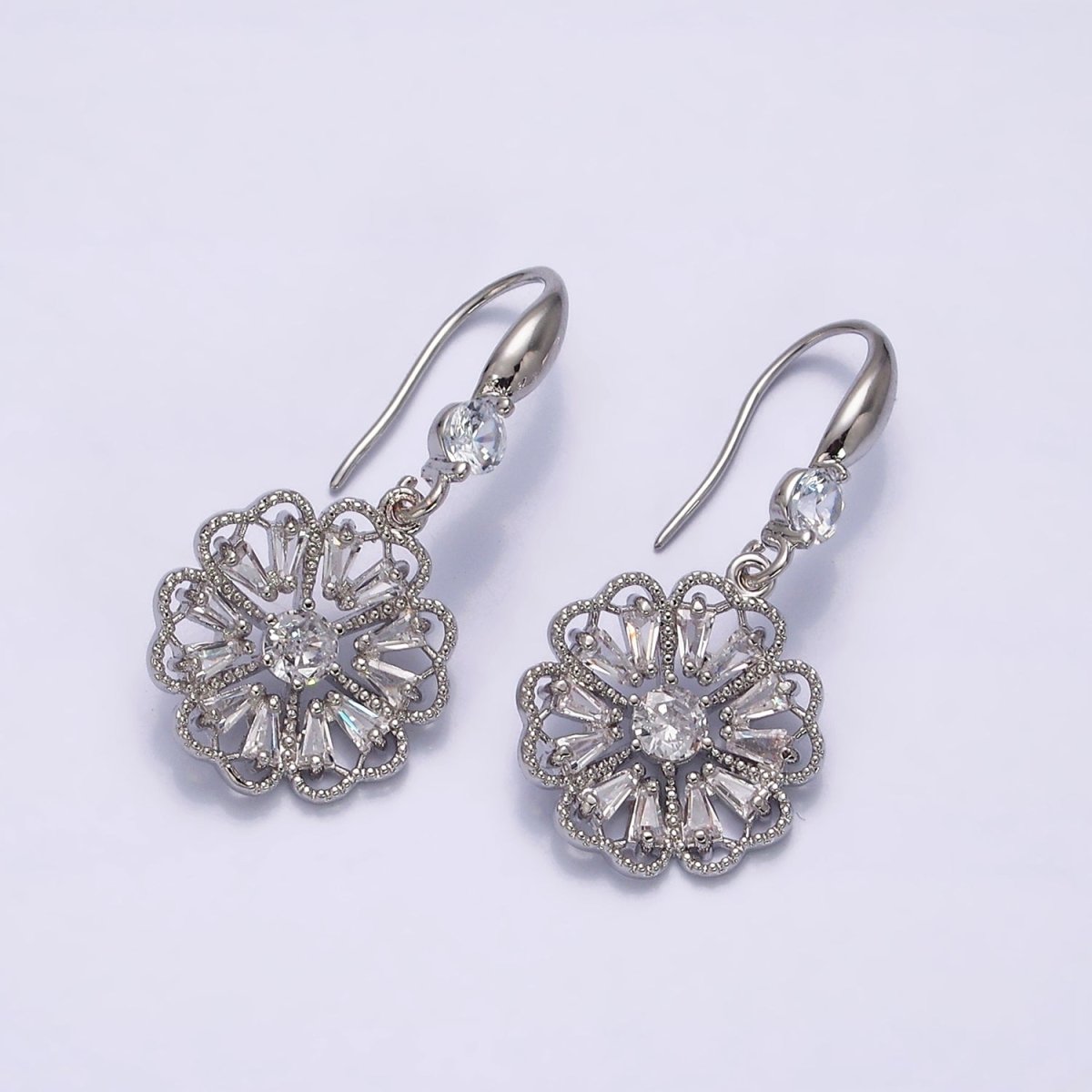 16K Gold Filled Open Flower Triangle Baguette Beaded CZ Drop French Hook Earrings in Gold & Silver | AD1548 AD1549
