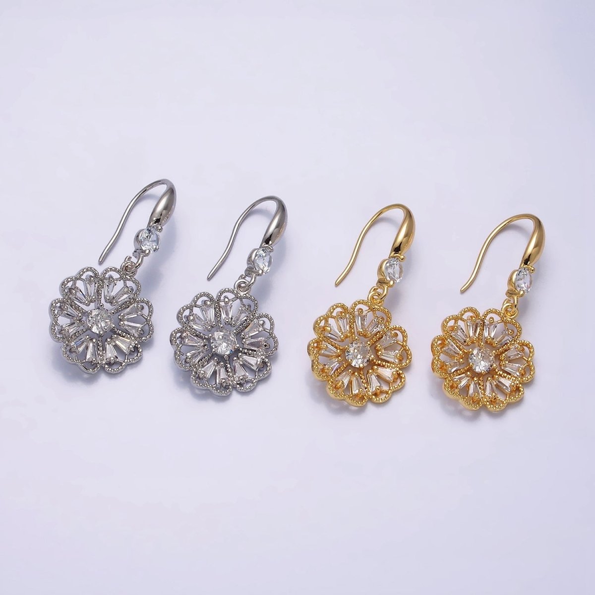 16K Gold Filled Open Flower Triangle Baguette Beaded CZ Drop French Hook Earrings in Gold & Silver | AD1548 AD1549