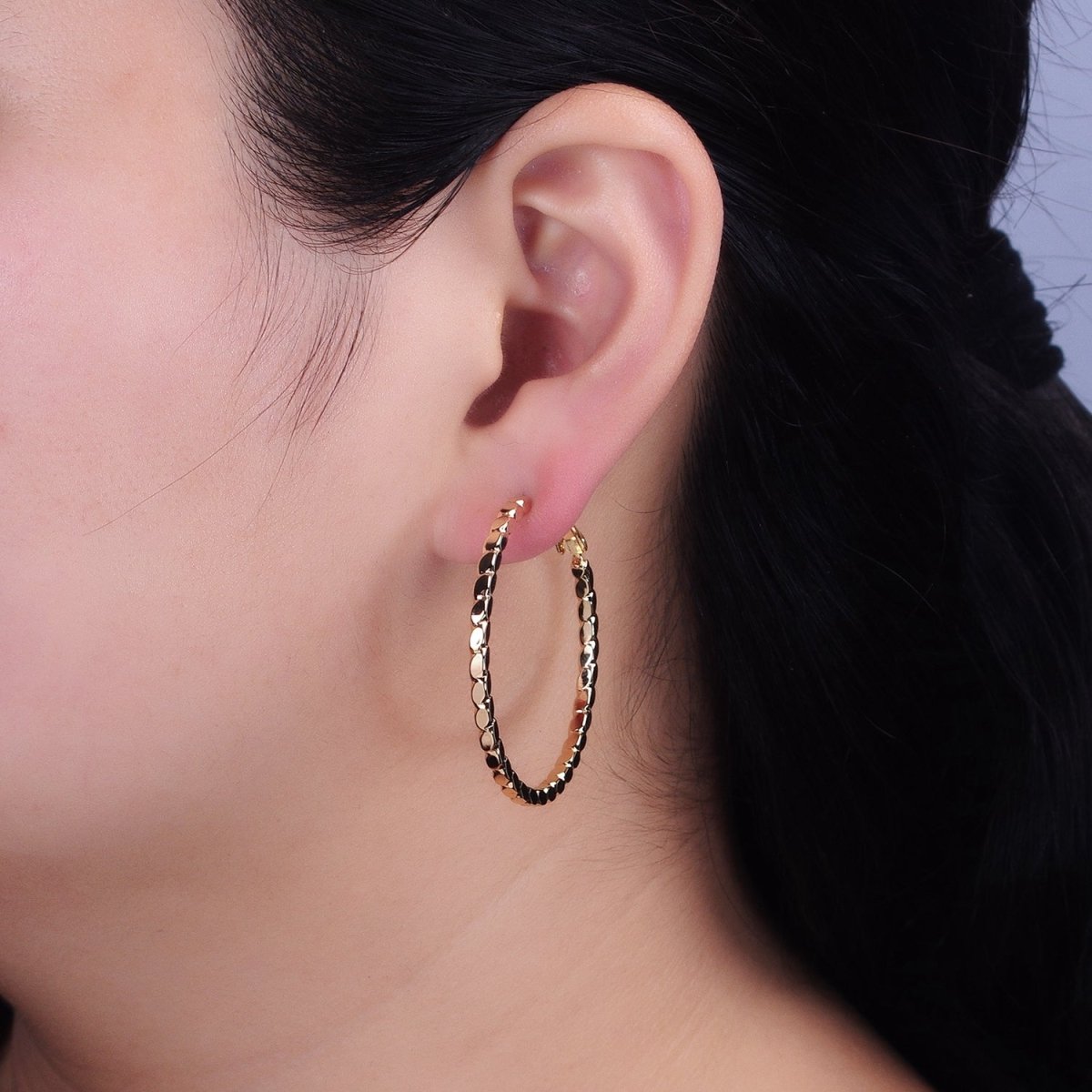 16K Gold Filled Oval Textured Geometric 40mm, 50mm Hinge Hoop Earrings in Gold & Silver | AB-1559 AB-1560 AB-1435 AB-1436