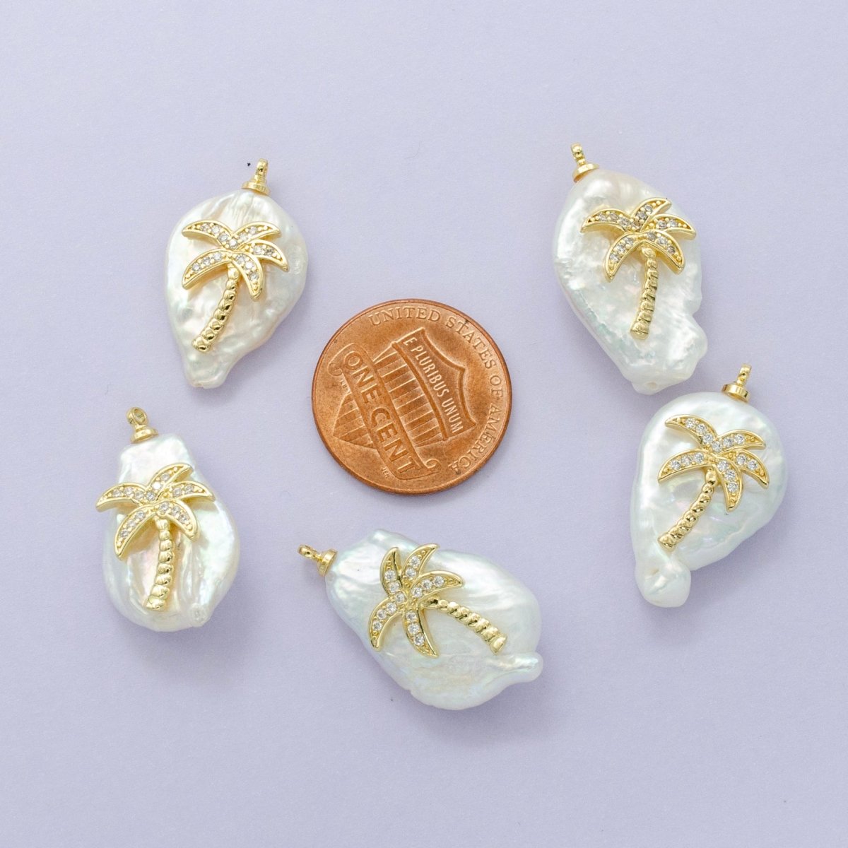 16K Gold Filled Palm Tree Micro Paved CZ Freshwater Pearl Charm | AC1331 P1561